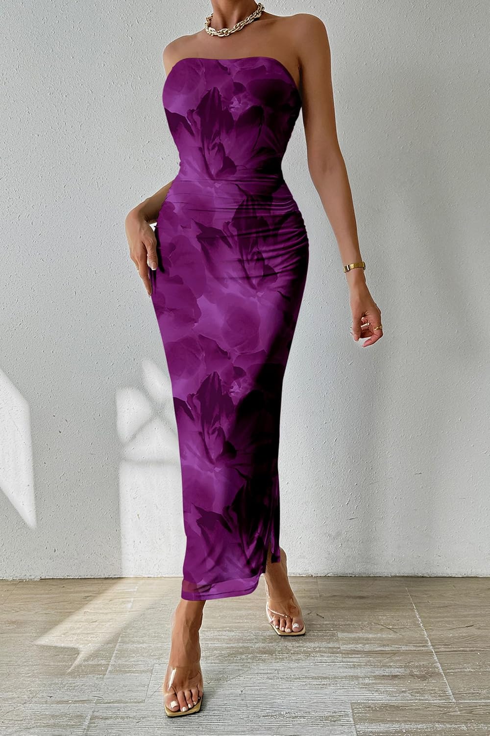 Thumbnail 4 de PRETTYGARDEN Women's Strapless Bodycon Floral Maxi Dress