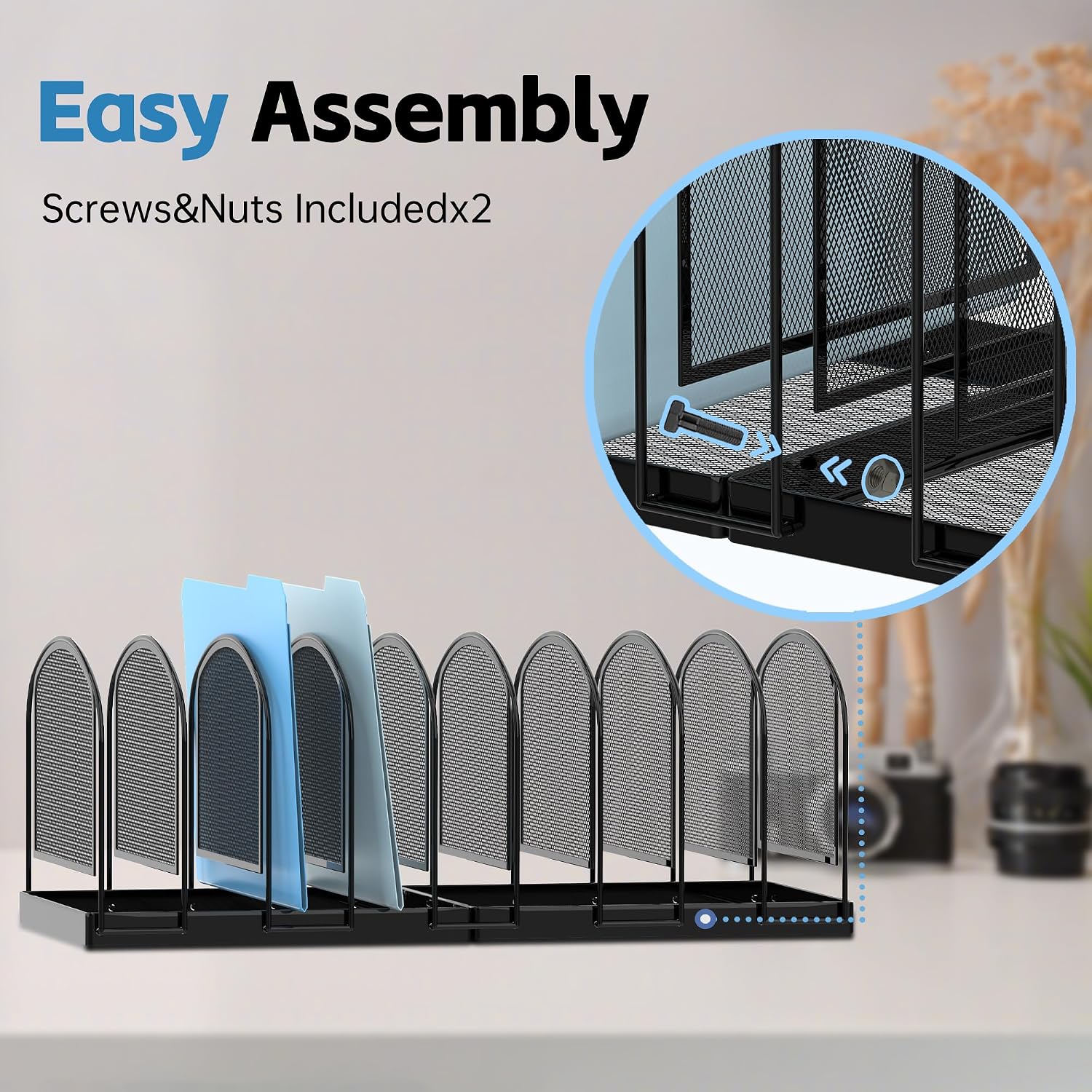 Detalle de SUPEASY 9-Section Mesh Desk Organizer, Black Metal Vertical File Holder