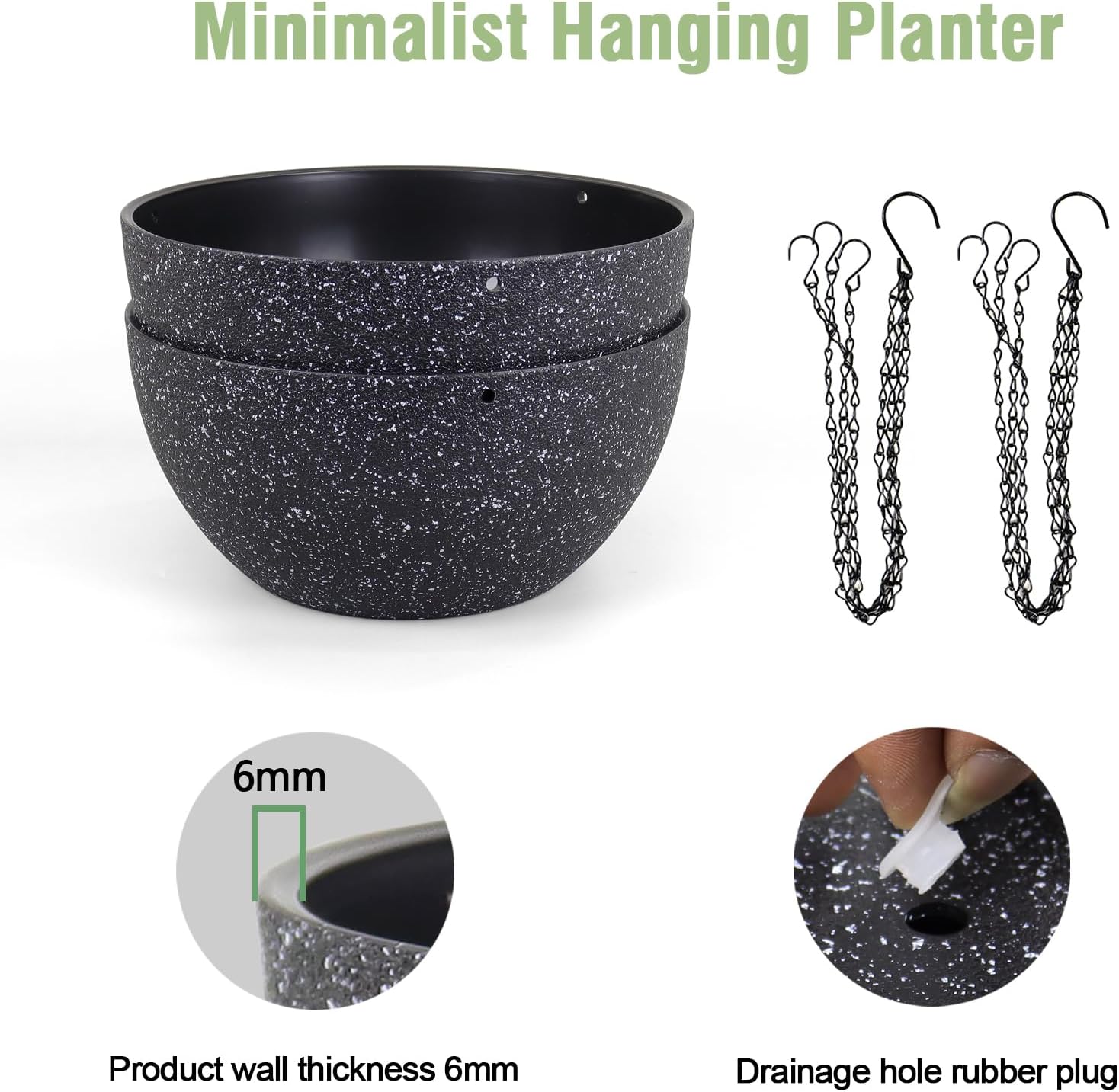 Detalle de Meowell 10-Inch Hanging Planters, 2-Pack, Speckled Black Plastic