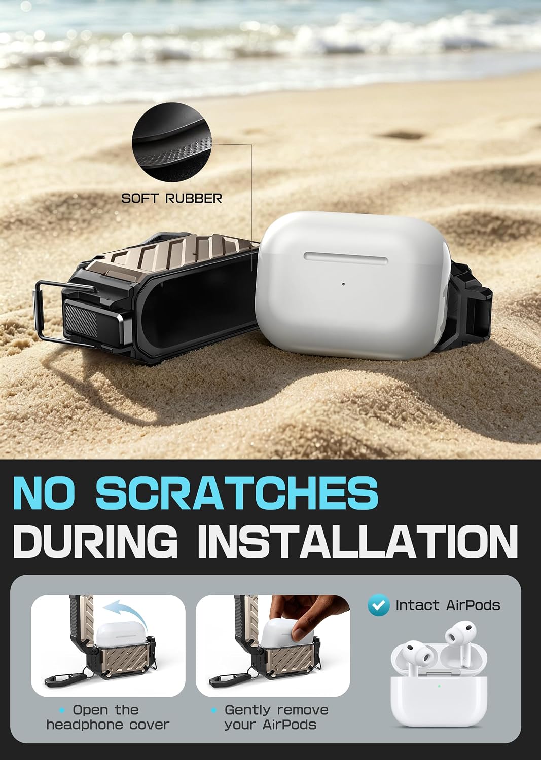 Detalle 2 de SUPCASE AirPods Pro 3 Case with Lock & Carabiner – Desert, IP68 Waterproof, MagSafe Compatible