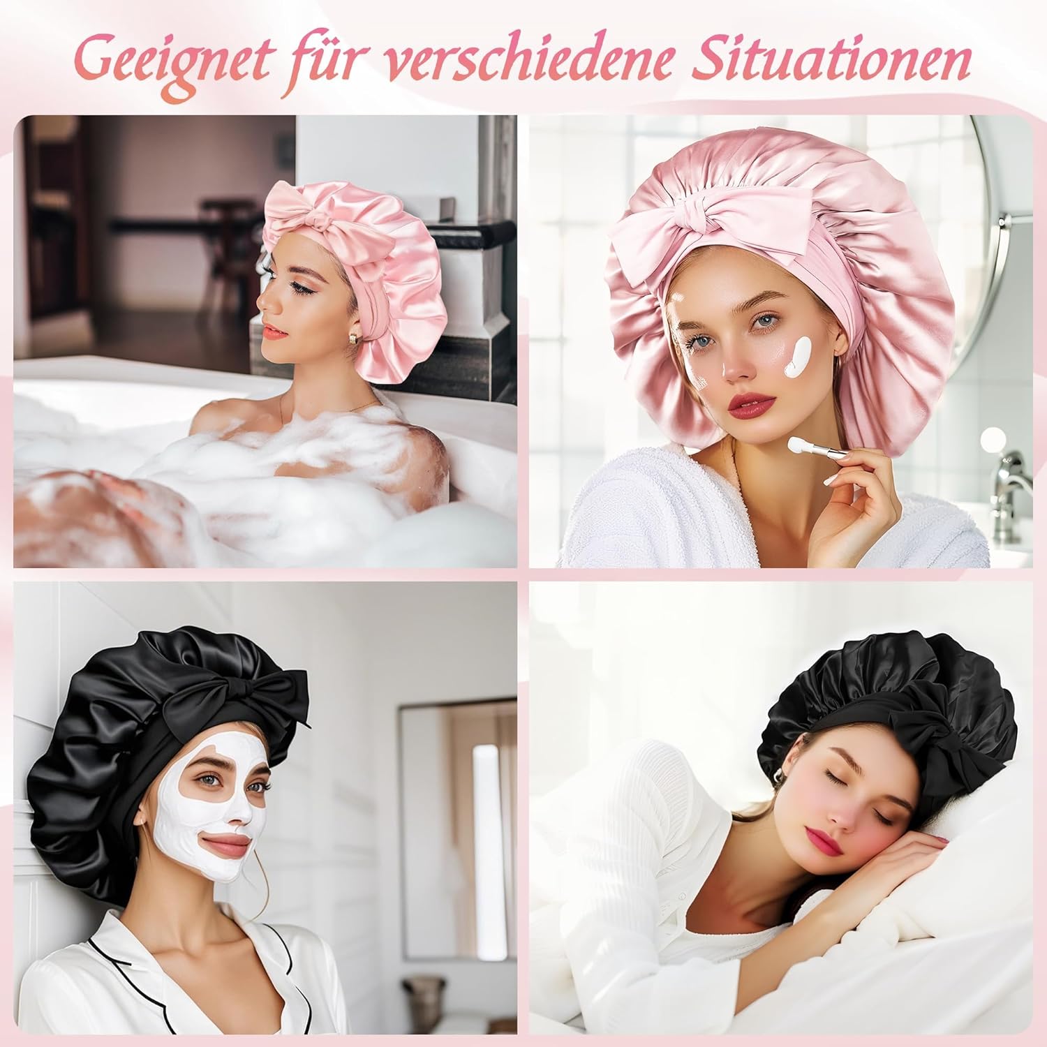 Detalle de 2er Set Seidenhaube zum Schlafen mit Haargummis – verstellbare Satin Schlafmütze, Schutz für Haare über Nacht