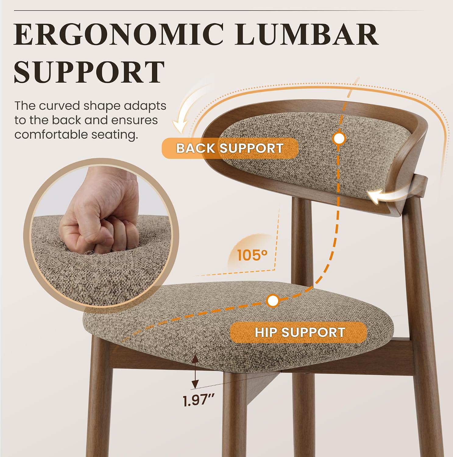 Detalle de MALOL DCW70 Wooden Dining Chairs, Set of 4, Camel Fabric, Curved Back
