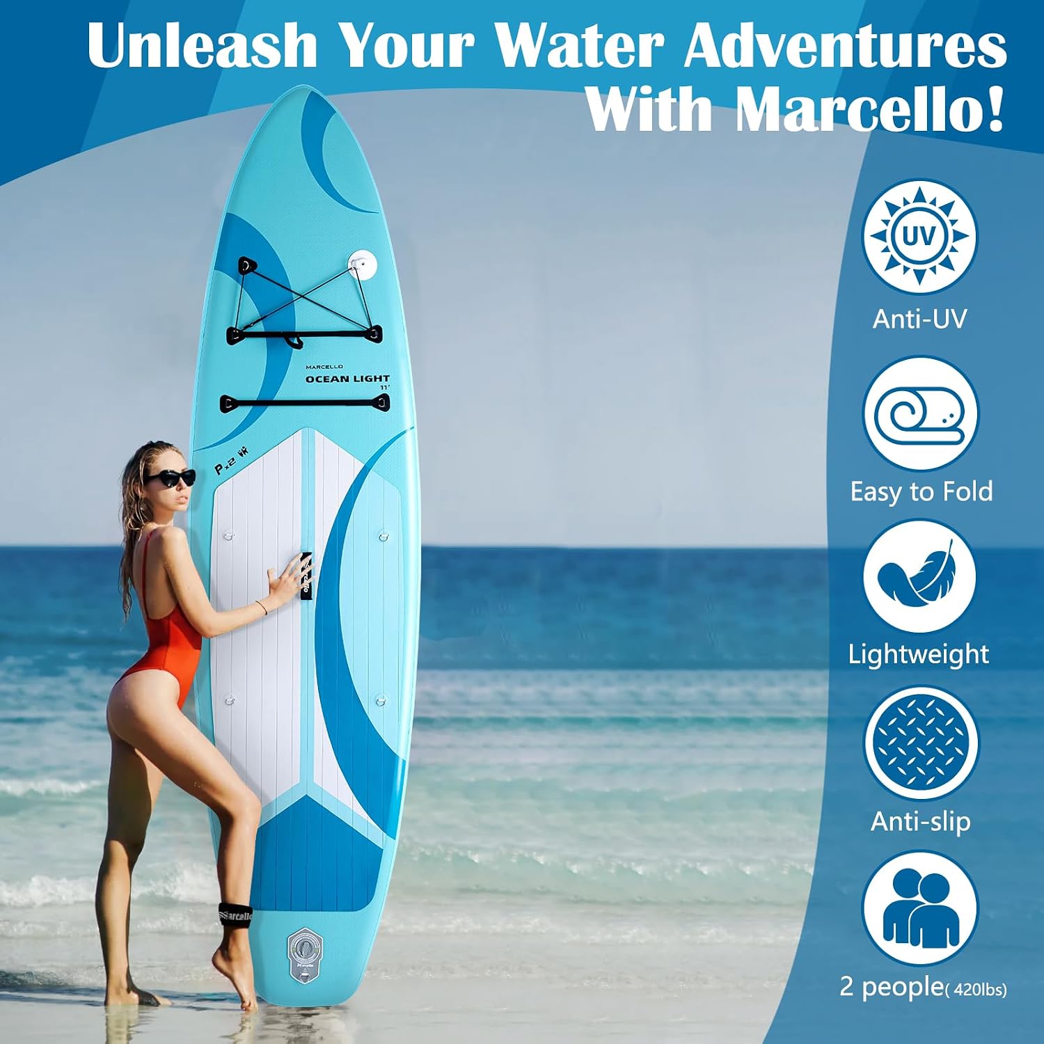 Detalle de 11’ Ultra-Wide Inflatable Paddle Board (11’ x 35” x 6”) by Amazon UK – stability for families, pets and gear