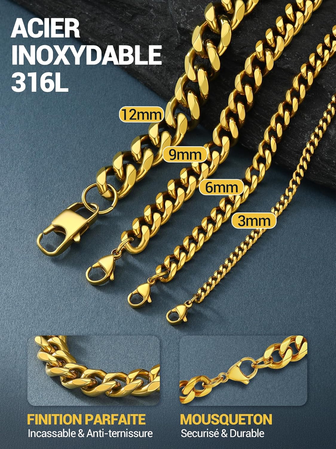 Thumbnail 4 de PROSTEEL Chaîne cubaine en acier inoxydable plaqué or et noir mat, colliers homme/femme 3/6/9/12 mm