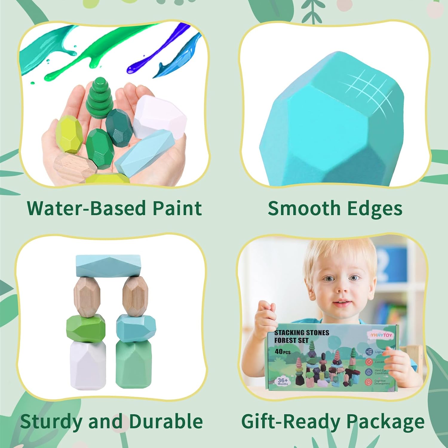 Detalle de YHHYTOY 40-Piece Wooden Stacking Rocks Building Blocks (Forest Theme) for Montessori Learning