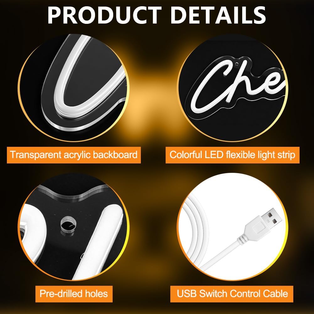Detalle de AOOTE 6314110 Cheers LED Neon Sign, Warm White, USB-Powered, 6 Brightness Levels