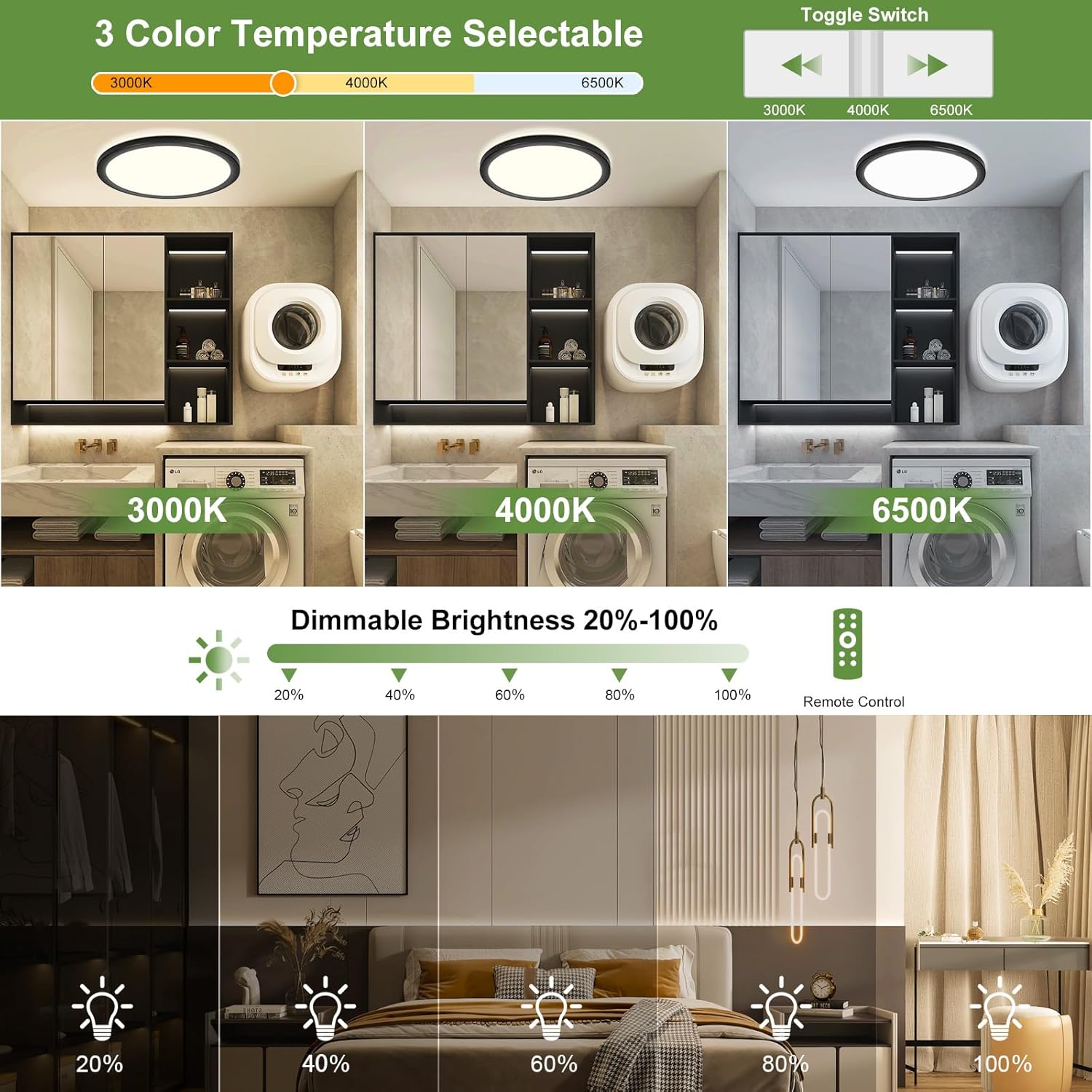 Thumbnail 5 de LEZOE LED Deckenleuchte mit Bewegungsmelder – 24W, 2650 lm, 3000K/4000K/6500K, dimmbar, Radar-Sensor