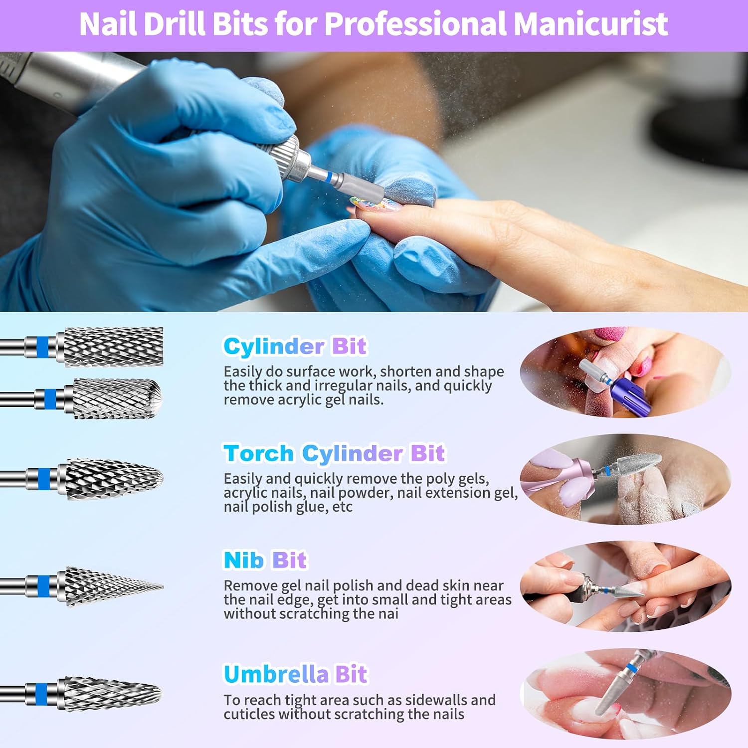 Detalle de 10 Stück Nagelfräser Bits Set – Edelstahl, 3/32 Zoll (2,35 mm), professionell für Gel- und Acrylnägel