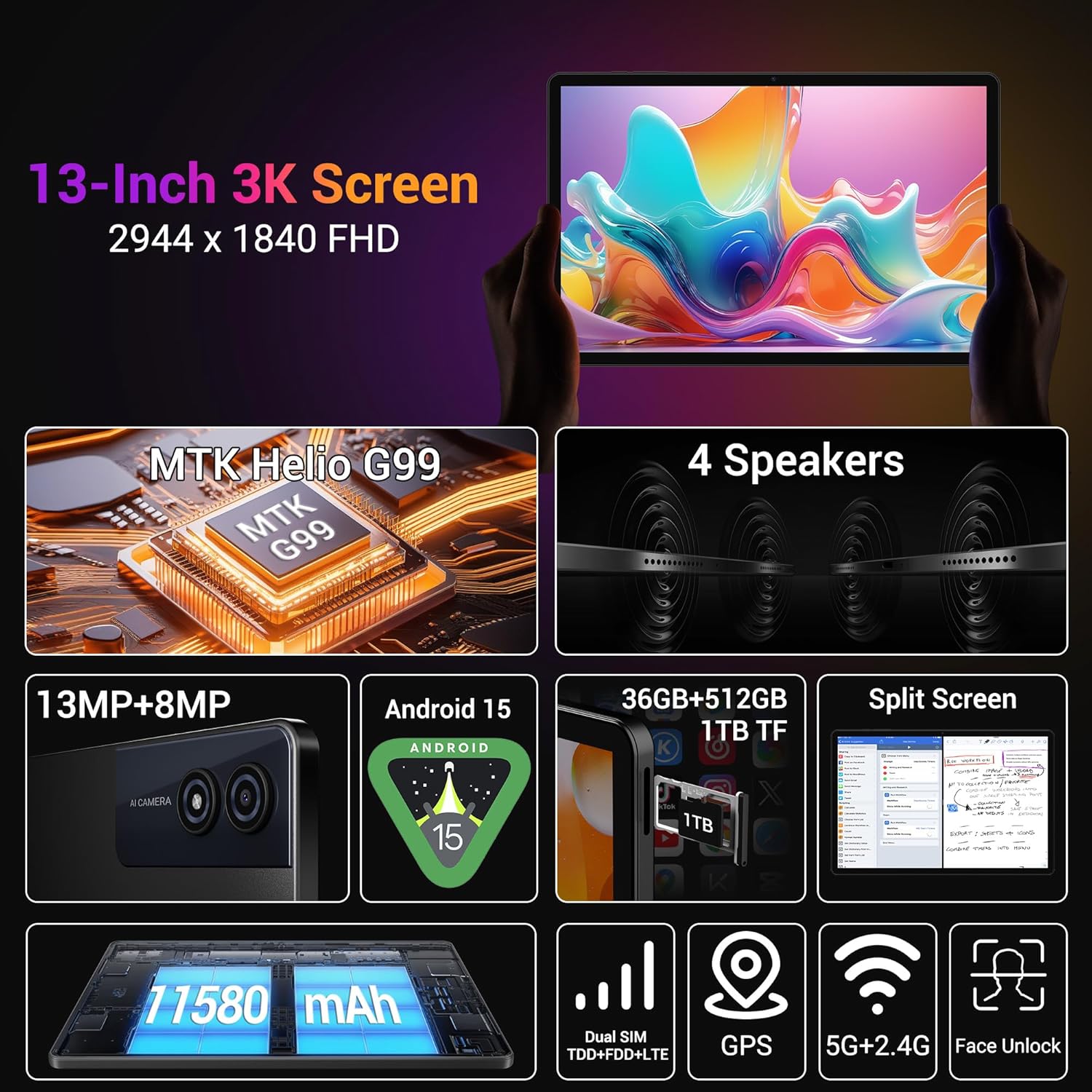 Thumbnail 1 de MAXLEGEN M31 Tablet 13 Zoll (3K 2944×1840) mit Helio G99, Android 15, 4G/5G WLAN Dual SIM inkl. Stift & Hülle