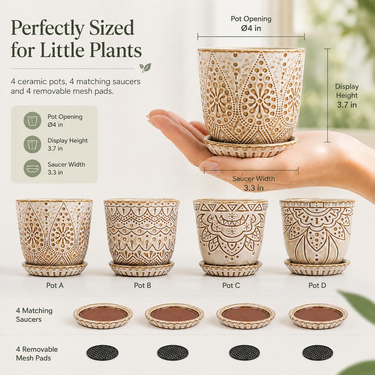 Detalle 2 de Gepege 4-Inch Ceramic Succulent Pots with Drainage, Saucers, Set of 4