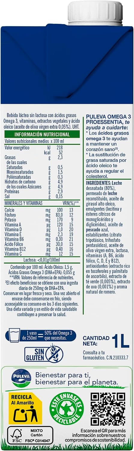 Thumbnail 6 de Puleva Omega 3 Proessentia Sin Lactosa (brik 1 L, caja 6 L) para una dieta con omega 3
