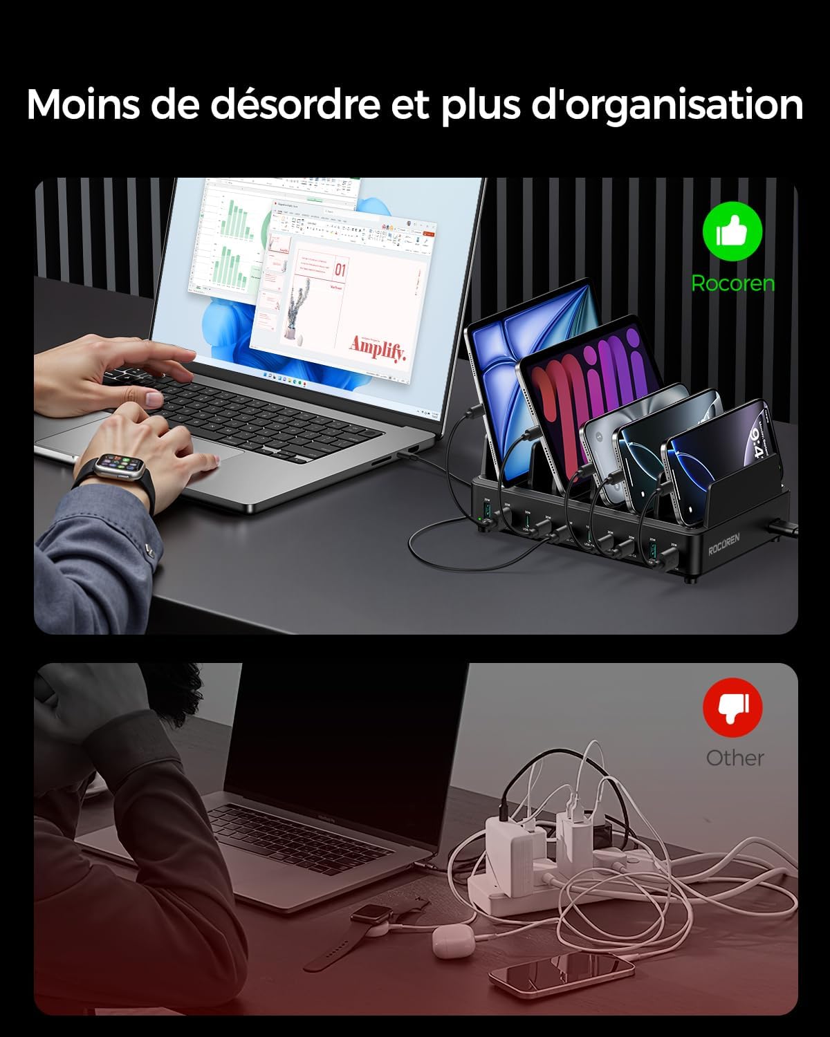 Detalle de Rocoren 400W Station de charge 10 ports 🔌