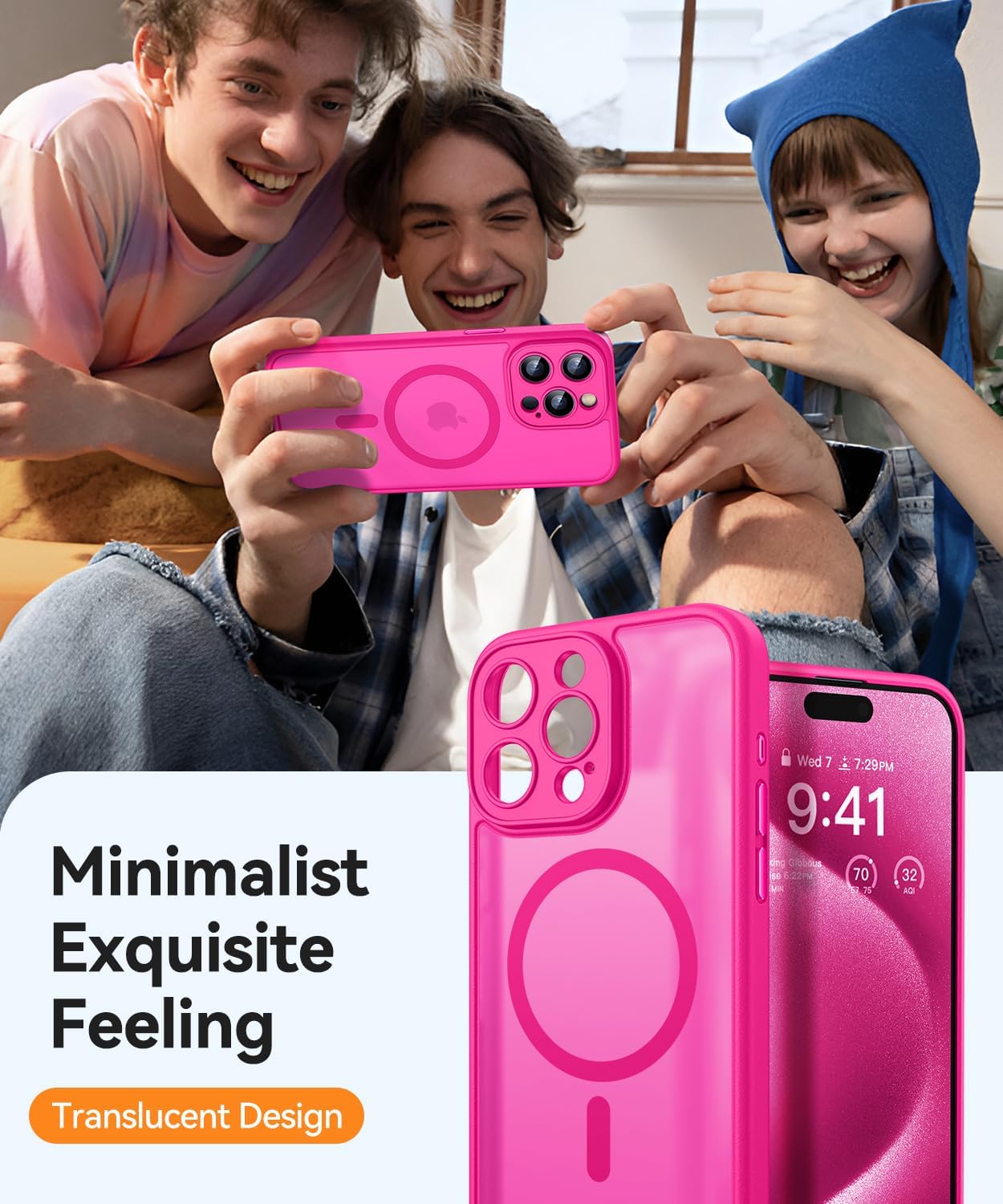 Thumbnail 6 de CANSHN Coque Magnétique pour iPhone 15 Pro Max – Protection complète de la caméra, fond mat translucide, Rose vif