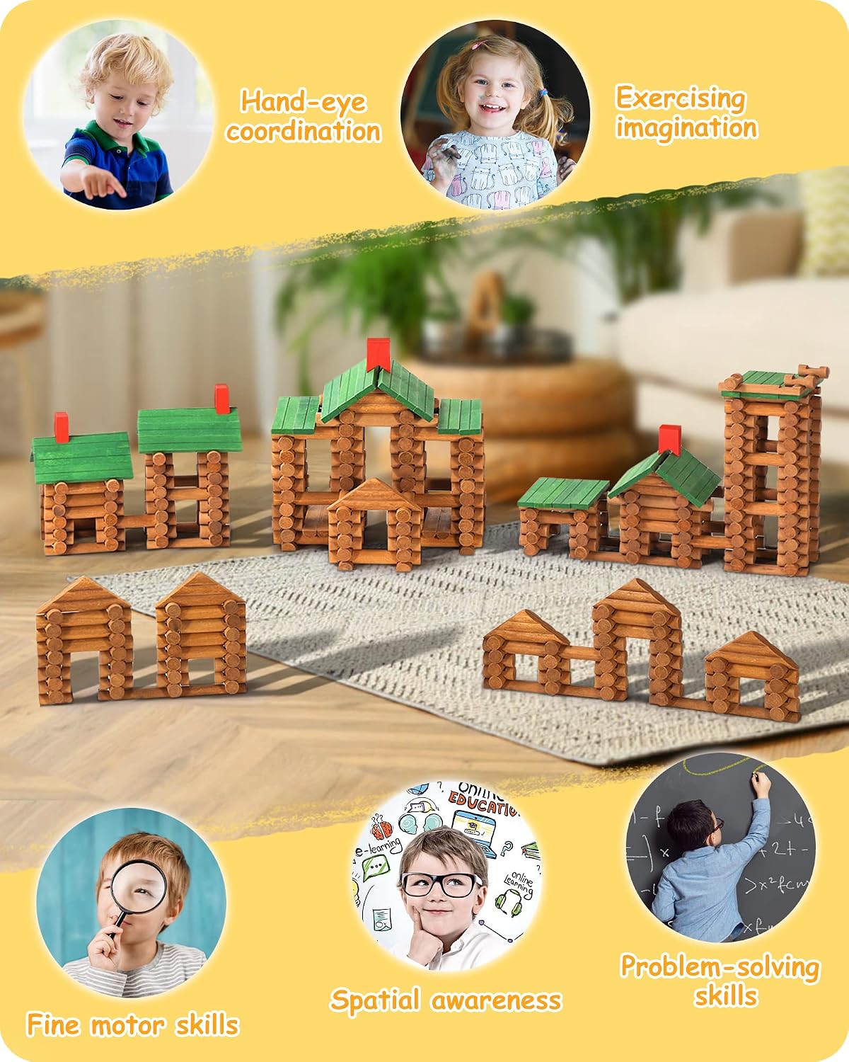 Detalle de SainSmart Jr. 665 PCS Wooden Log Cabin Set: Classic STEM Construction for Toddlers