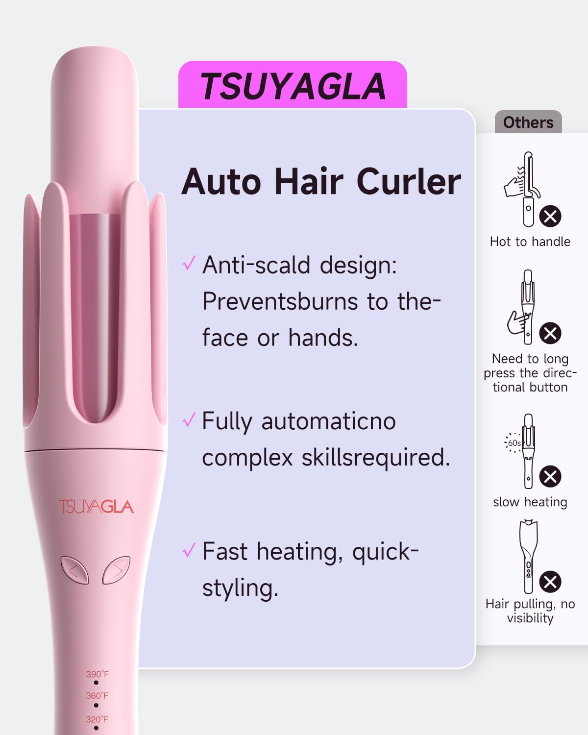 Detalle 2 de TSUYAGLA T309-PINK Automatic Curling Iron, 1.25-Inch Barrel, Dual Voltage