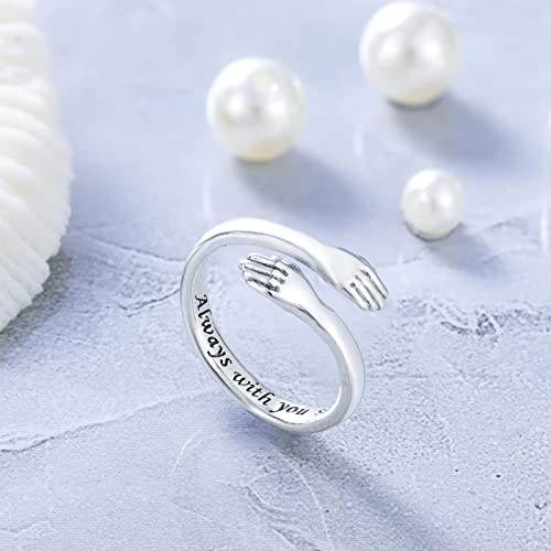Detalle 2 de Wonvin Collection 925 Sterling Silver Hug Ring – I Love You Forever, Engraved Hugging Hands Open Ring
