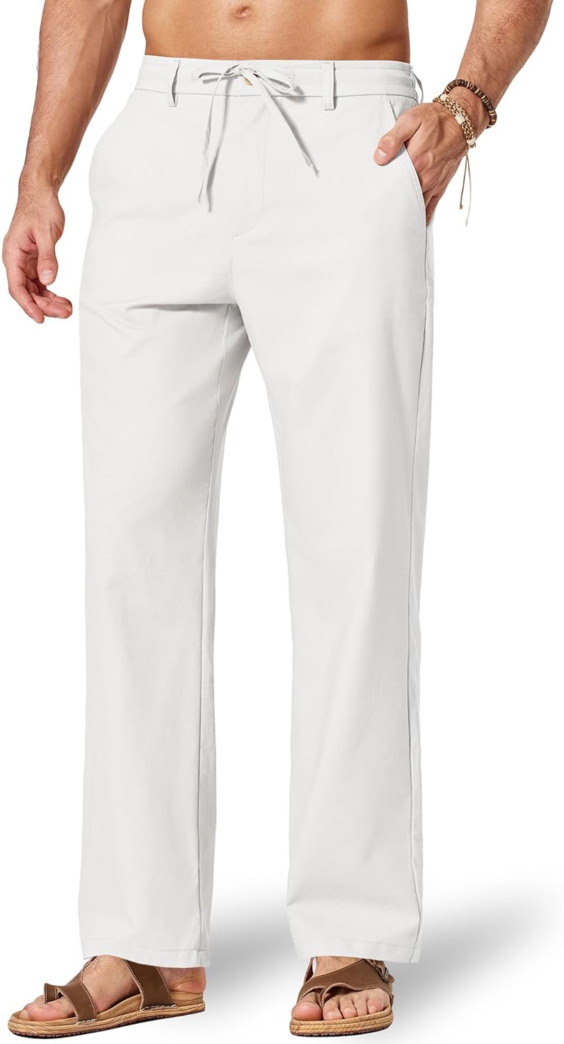 Detalle de COOFANDY Men’s Cotton Linen Drawstring Pants (Cotton-Linen Beach Trousers)