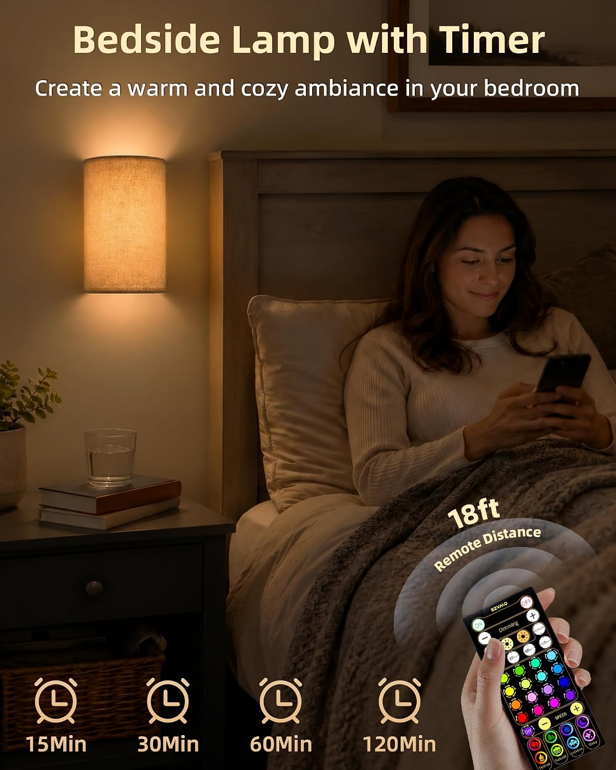 Detalle 2 de EZVALO Rechargeable Wall Sconce Set of Two with Remote, Linen Shade, RGB Lighting