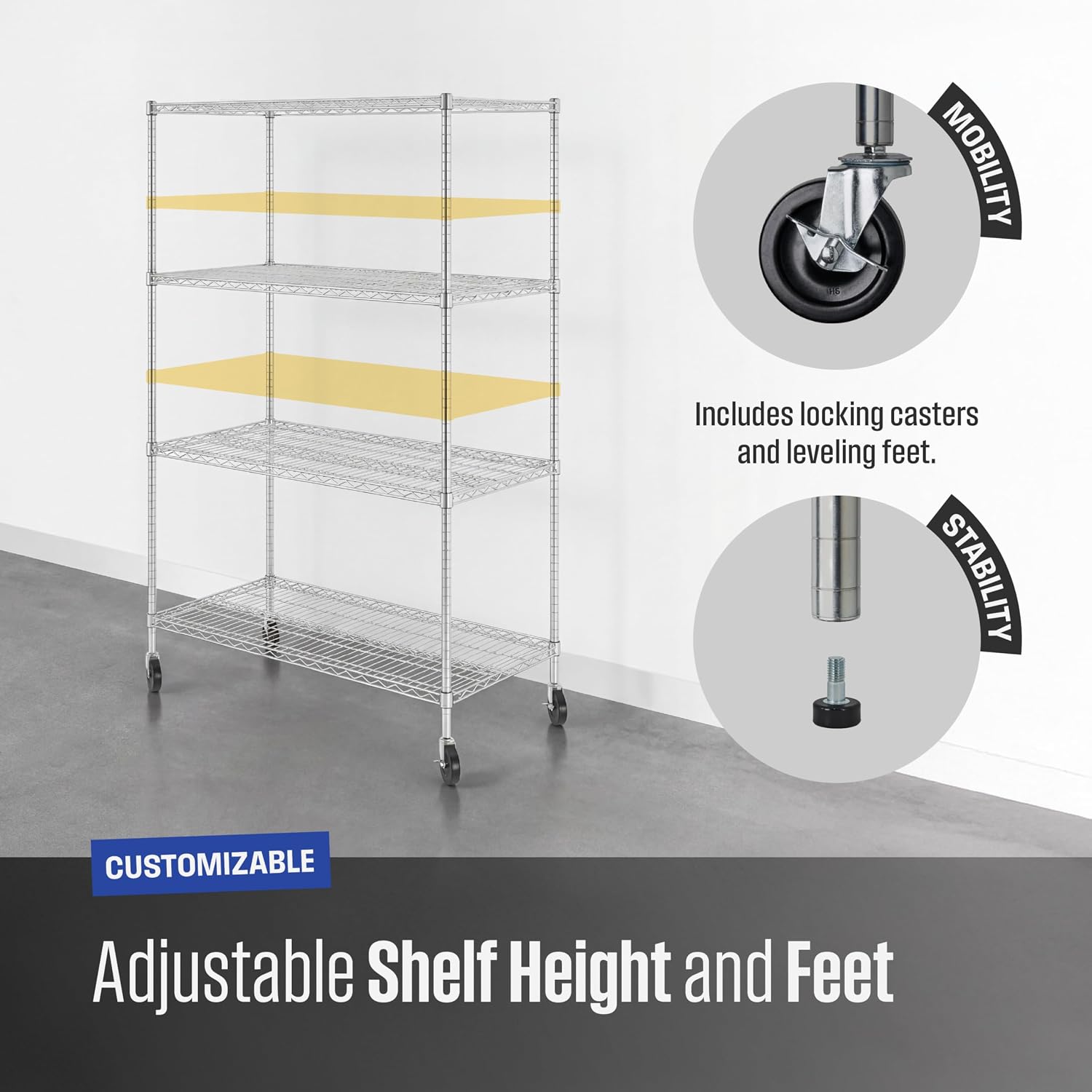 Thumbnail 5 de SafeRacks WS1 4-Tier Wire Shelving, 48 x 24 x 72 in, Wheels, Zinc Finish