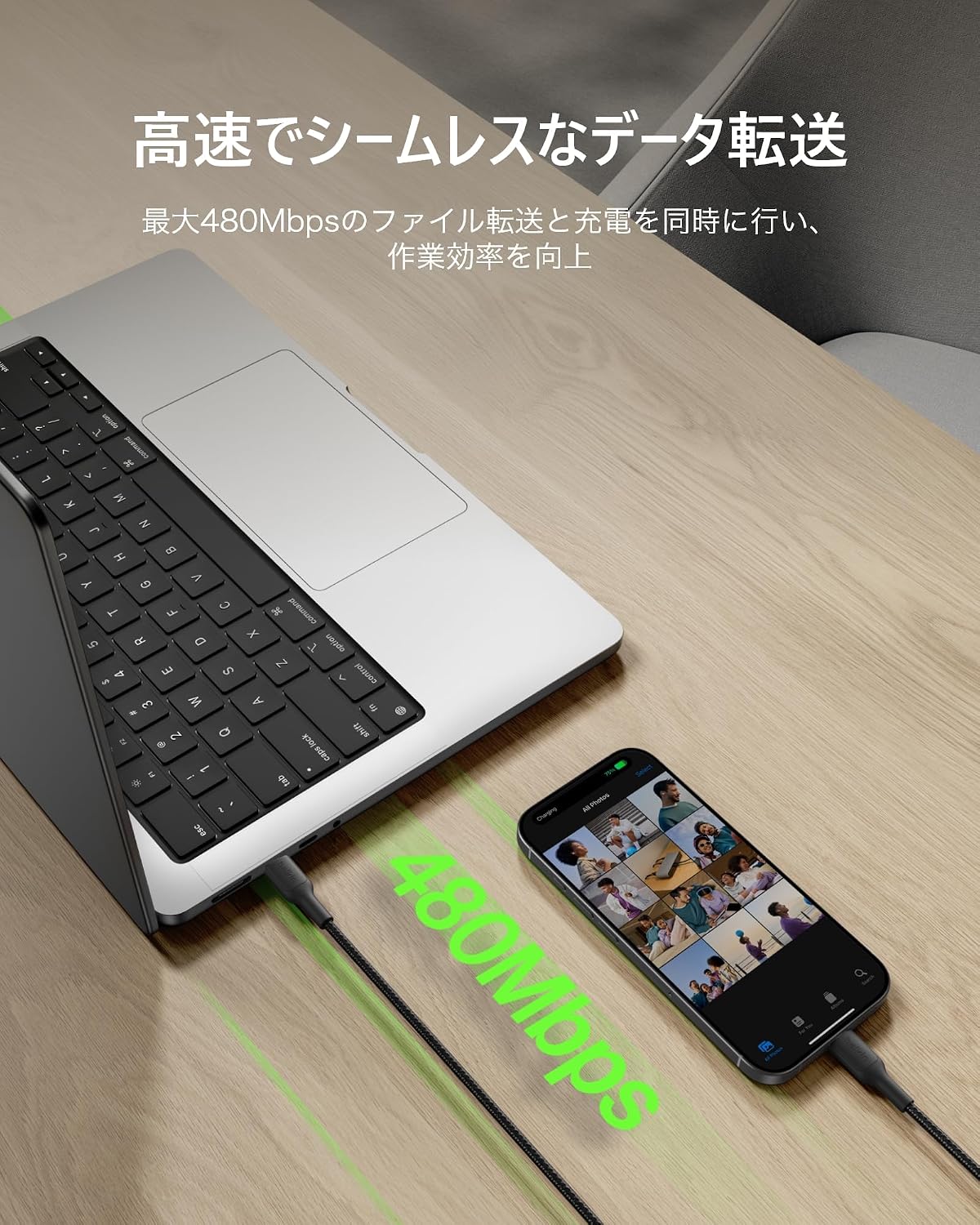 Detalle 2 de Belkin BoostCharge CAB025fq2MBK USB-Cケーブル 2m・最大240W PD 3.1対応、編み込みブラック