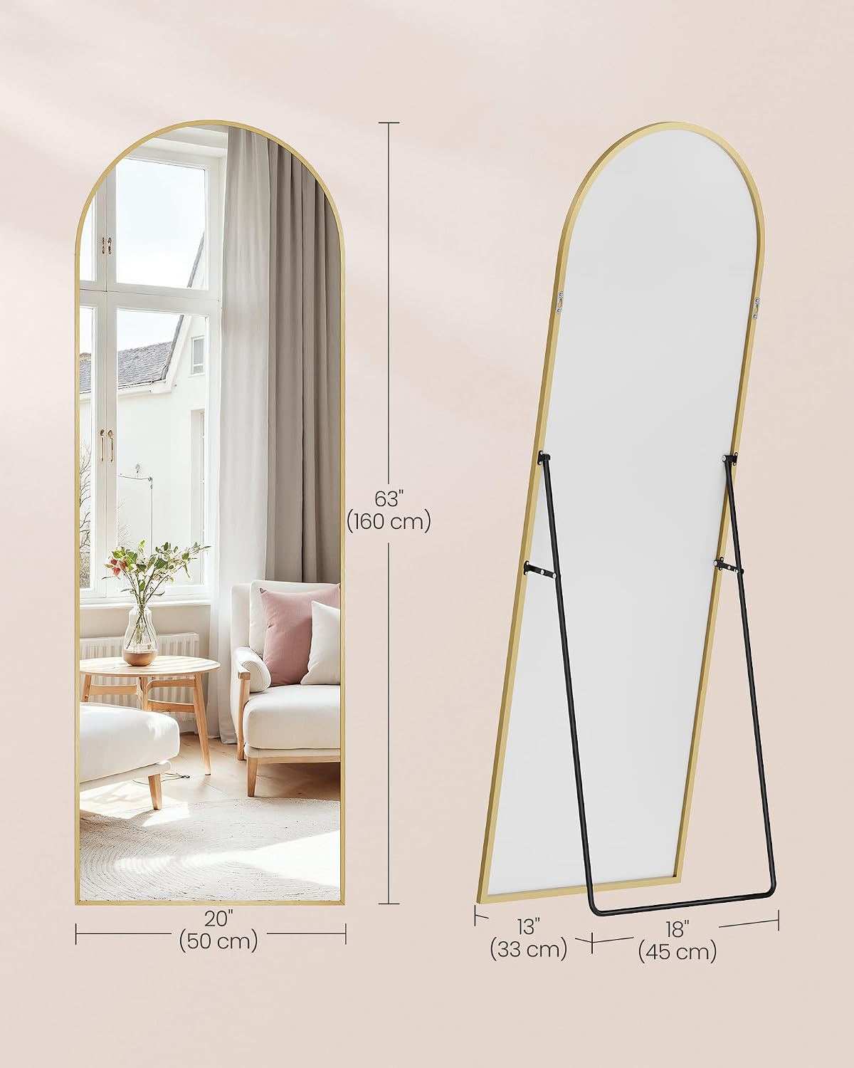 Detalle 1 de SONGMICS ULFM031A01 Arched Full-Length Mirror, 63 x 20 Inches, Pale Gold