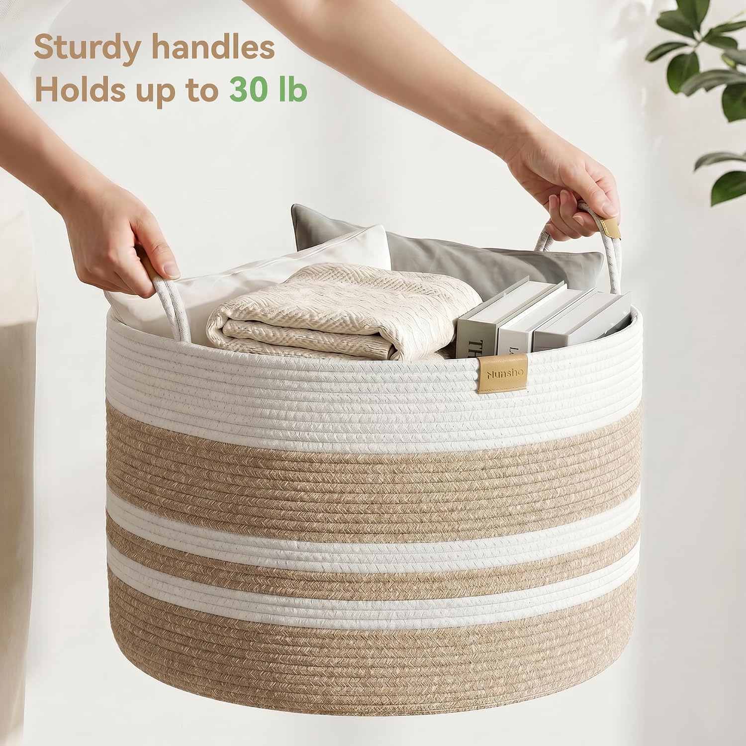 Detalle 1 de Nunsino 72L Cotton Rope Basket with Leather Handles, Brown and White