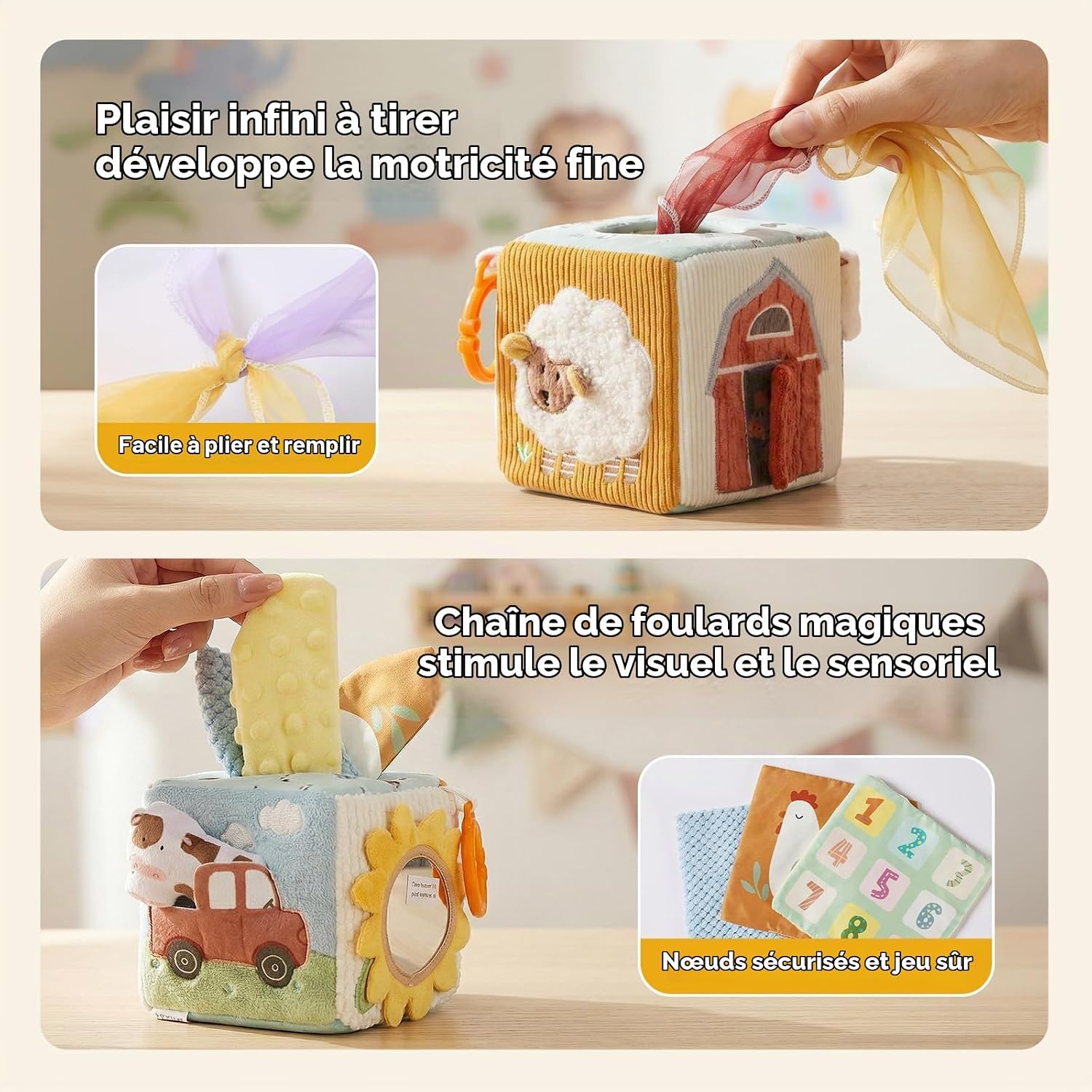 Detalle de let's make sensorische speelgoeddoos voor baby's met 12 sjaaltjes en spiegel