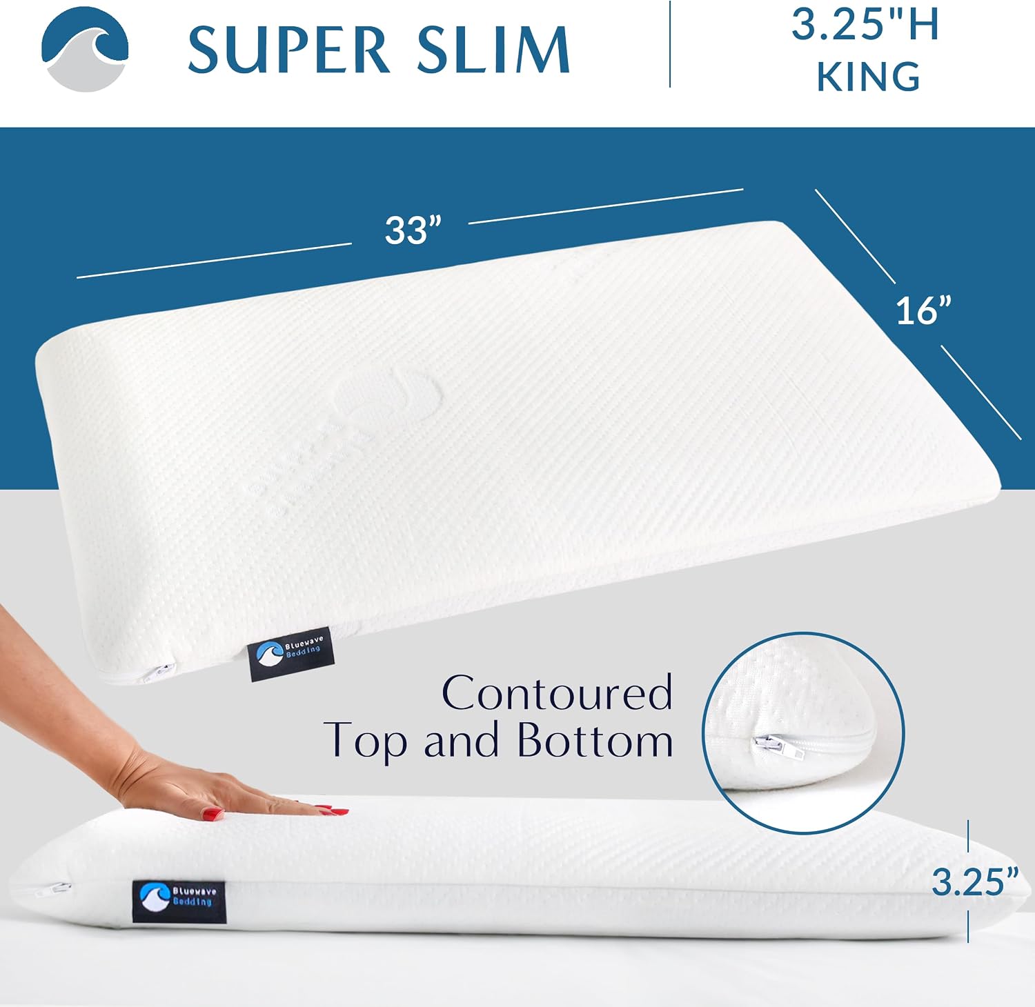 Detalle de Bluewave Bedding 325KING Super Slim Gel Memory Foam Pillow, King, 3.25-Inch