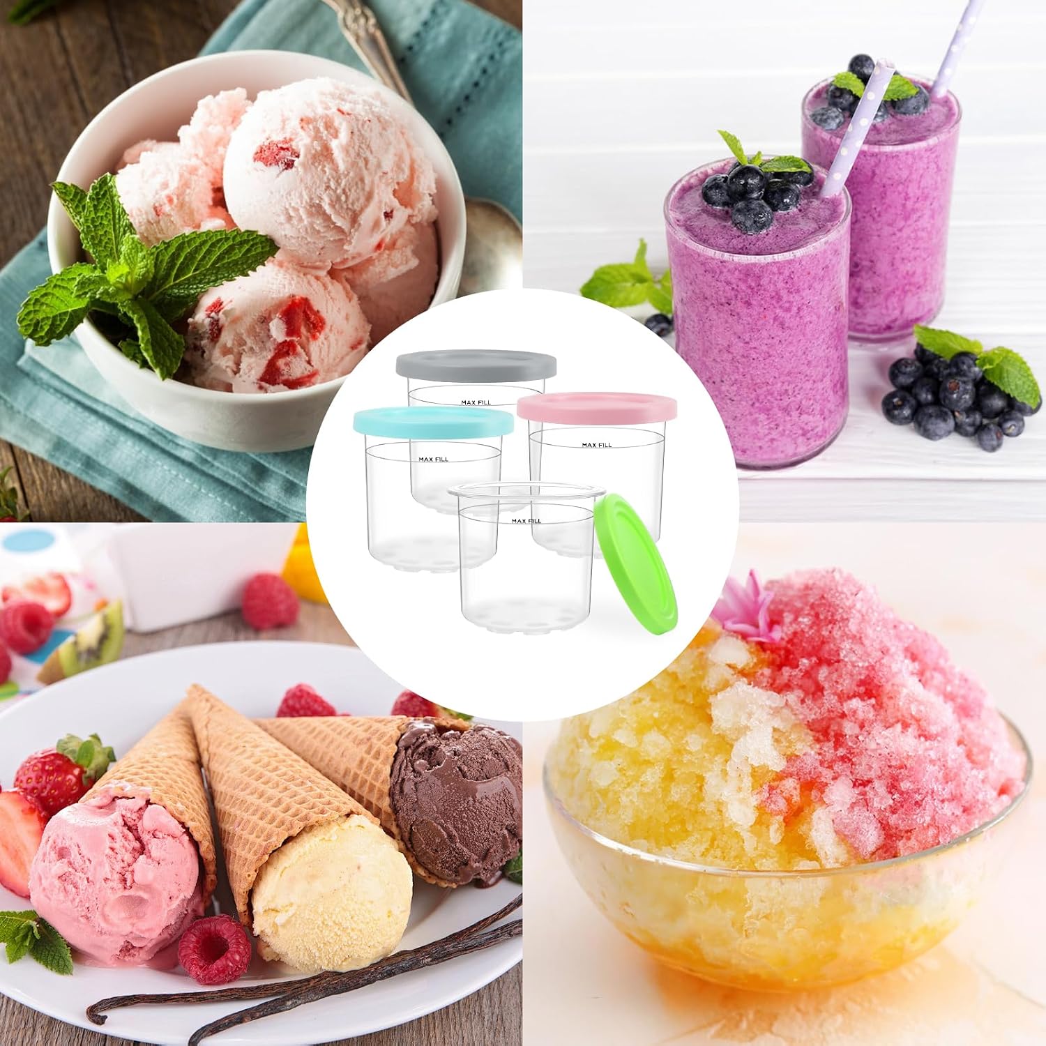 Thumbnail 6 de Nepfaivy 4-Pack Ice Cream Tubs for Ninja CREAMi (NC300UK/NC299AMZ/NC301) – BPA-Free, Colour-Lid, Dishwasher Safe
