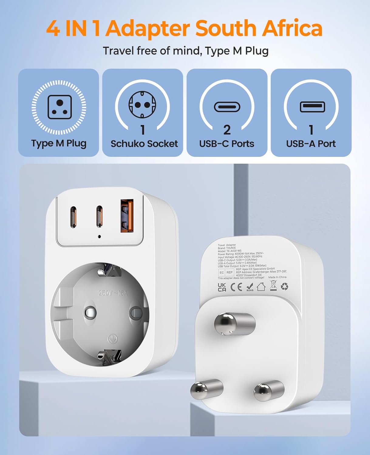Thumbnail 1 de THUNIX Reiseadapter für Südafrika (Typ M) mit 2× USB‑C & USB‑A – 4‑in‑1 Ladeadapter