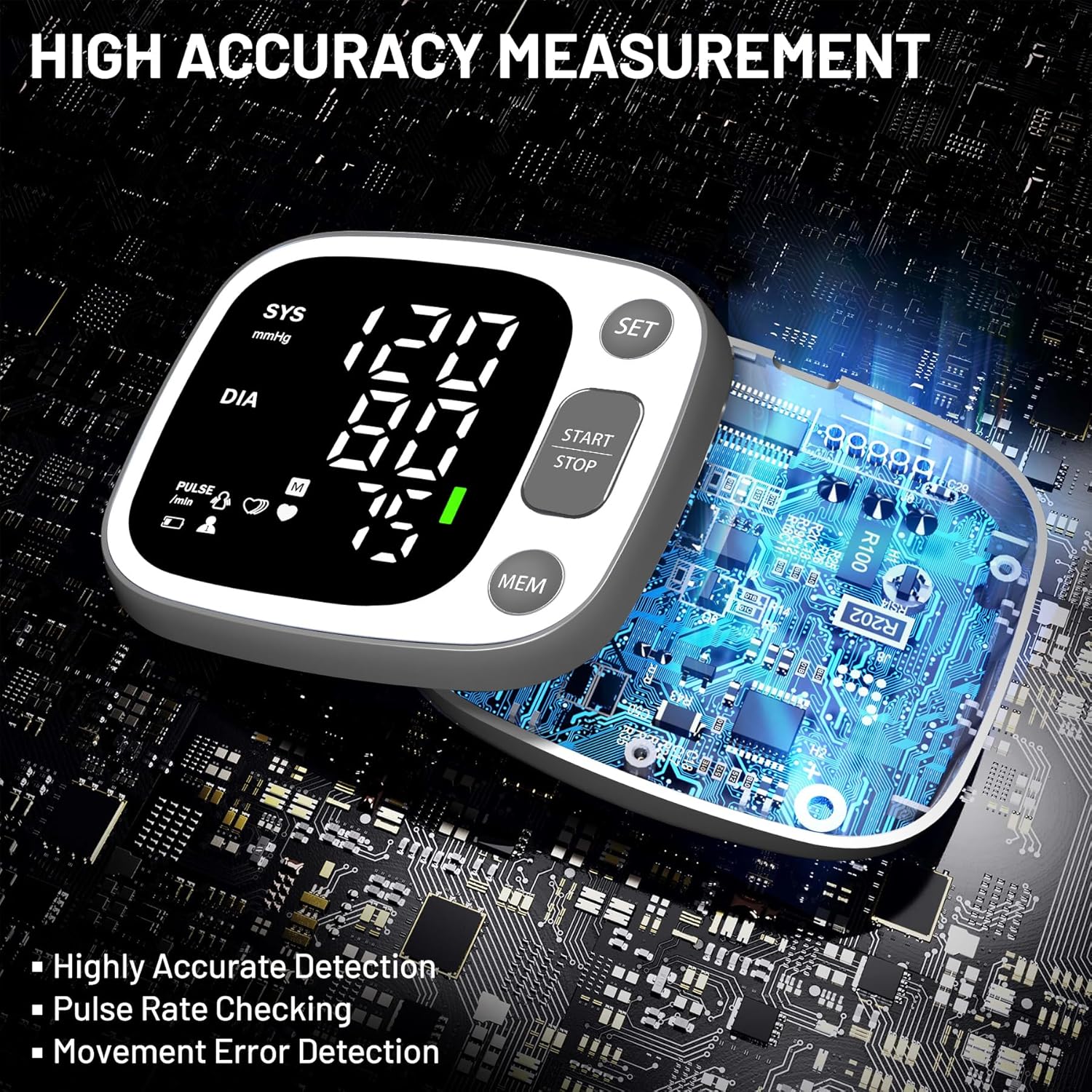 Detalle 2 de Oklar Home Use Wrist Blood Pressure Monitor with Voice Broadcast, 240 Memory (2 Users), USB-C Rechargeable, LED Backlit Display