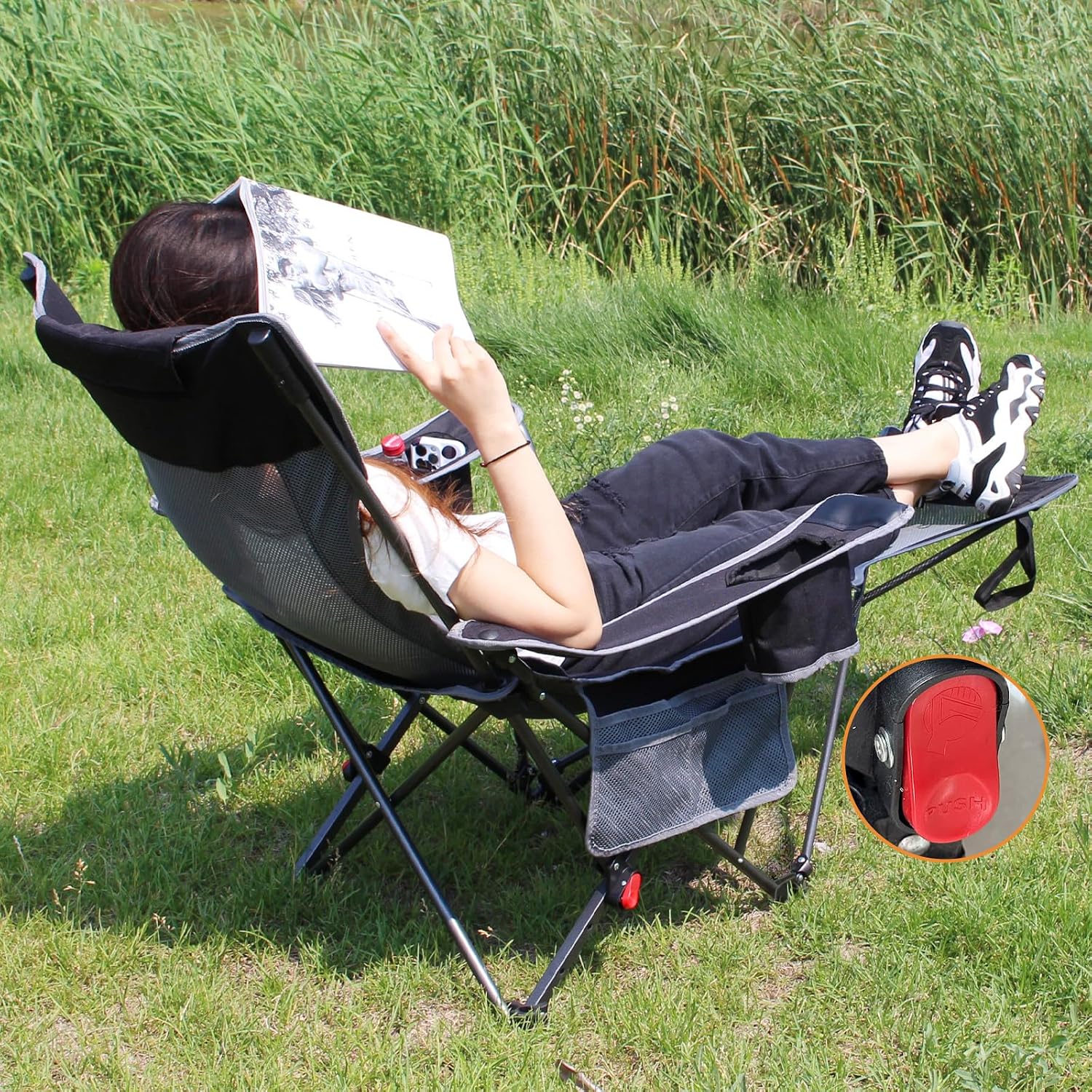Detalle de POEPORE Reclining Camping Chair 4-Position with Foot Rest – Deluxe Folding Lounger