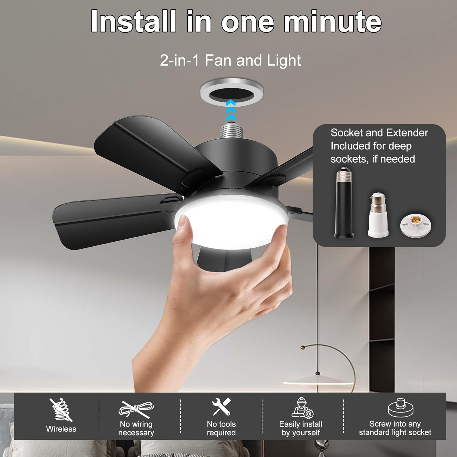 Thumbnail 1 de Socket Ceiling Fan Light with Remote (E27/B22) – Quiet, Dimmable LED & 6 Speeds