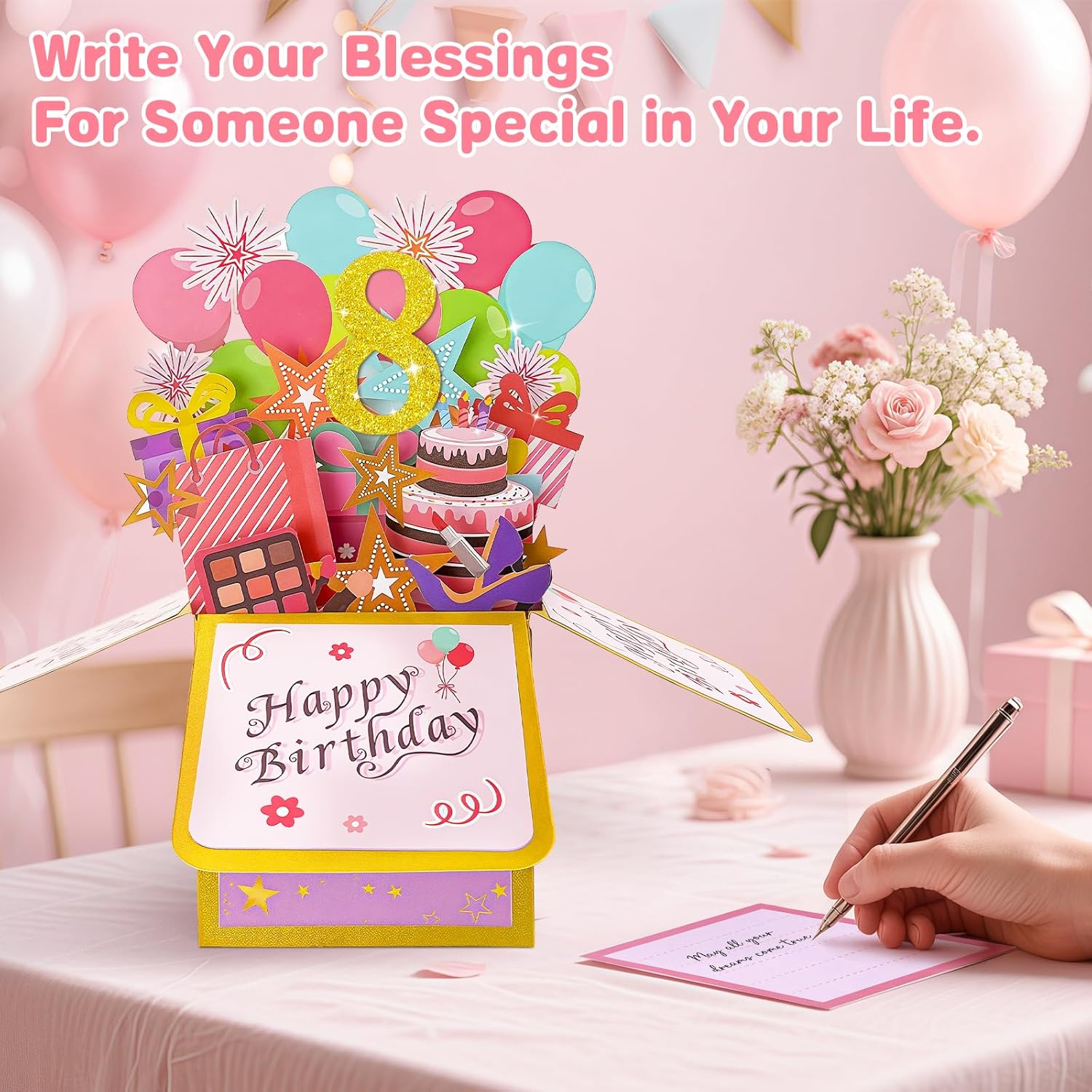 Thumbnail 3 de Hierein 8th Birthday Card, Pink Pop Up – 3D Sweet Happy Birthday Card for Girls