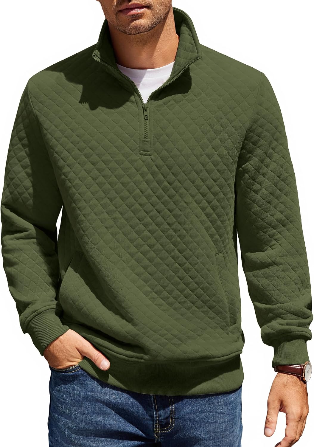 Detalle de COOFANDY Men's Quilted Quarter-Zip Pullover with Mock Neck and Pocket