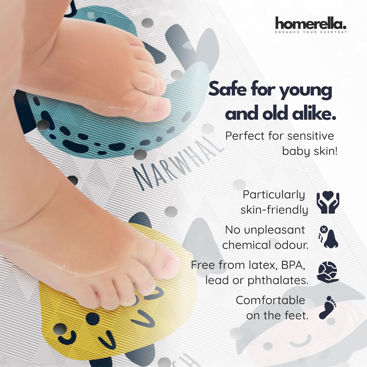 Thumbnail 1 de Homerella Bath Mat Non Slip Anti Mould Kids 100x40cm with 2 Hooks – Colourful Underwater ABC