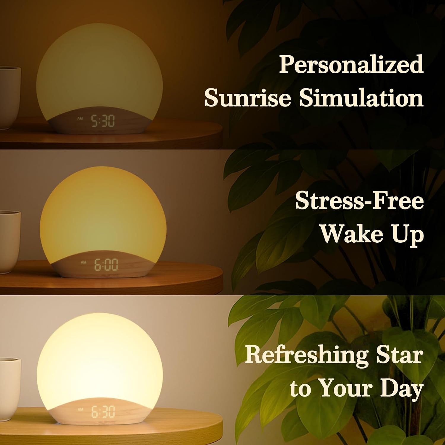 Detalle de REACHER Wood Wake Up Light Alarm Clock with Sunrise Simulation, White Noise & Night Light