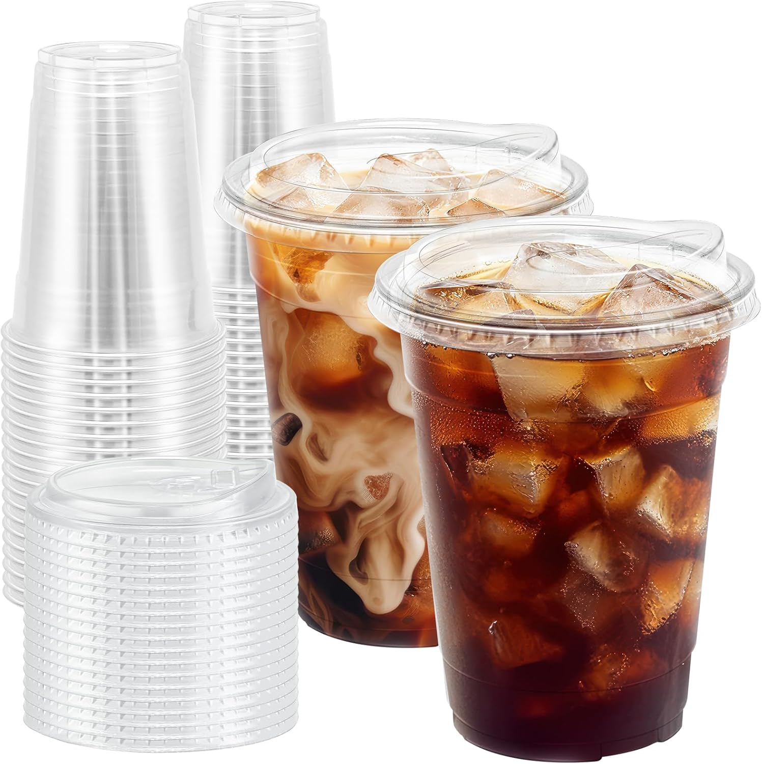 Detalle de BYSNOW 100 Pack 16 oz Clear Plastic Cups with Lids for Iced Coffee, Smoothies, and Cold Drinks