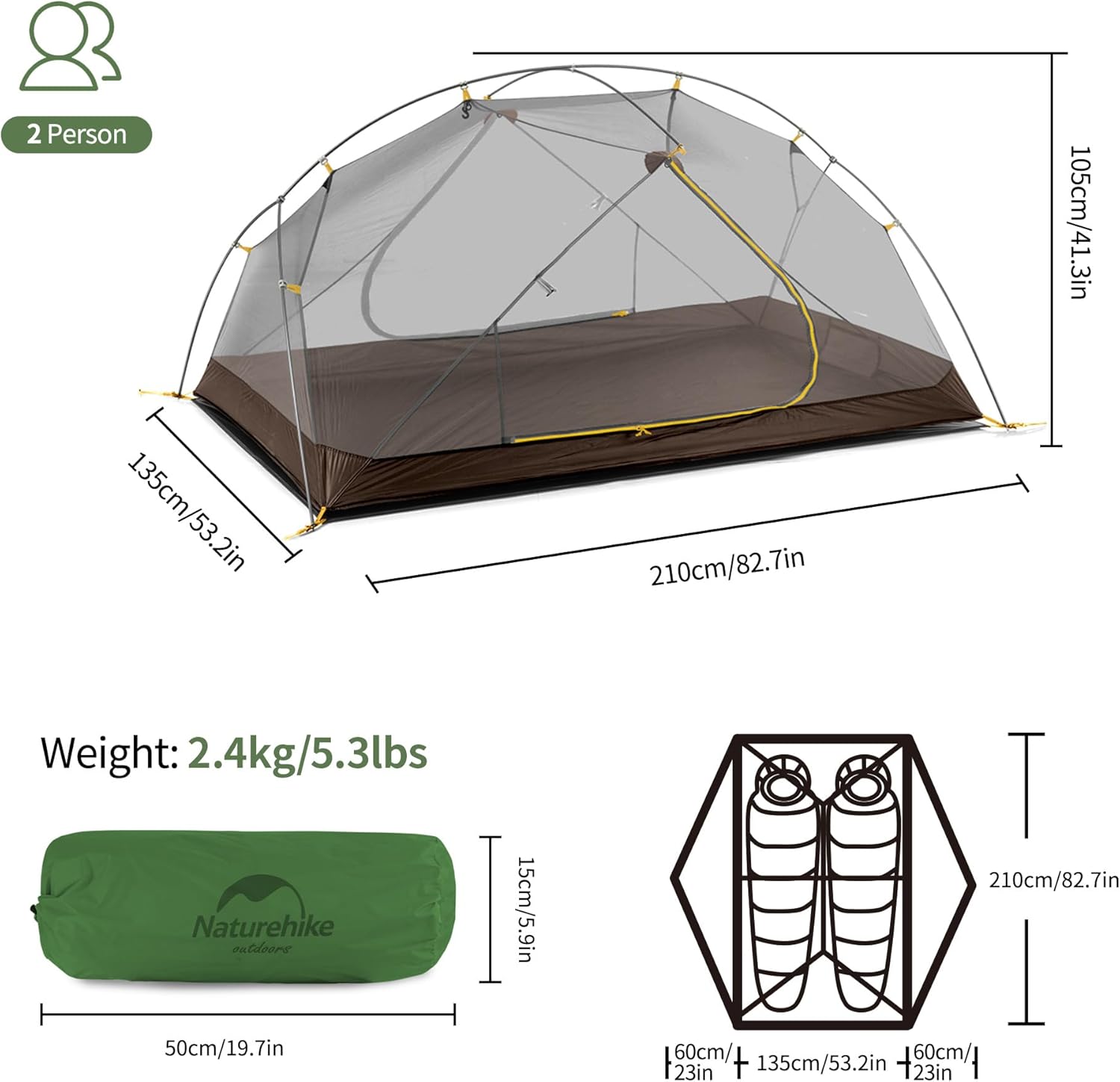 Detalle 2 de Naturehike Mongar Zelt – Ultraleichtes Doppelzelt für 2 Personen (210T, Waldgrün)