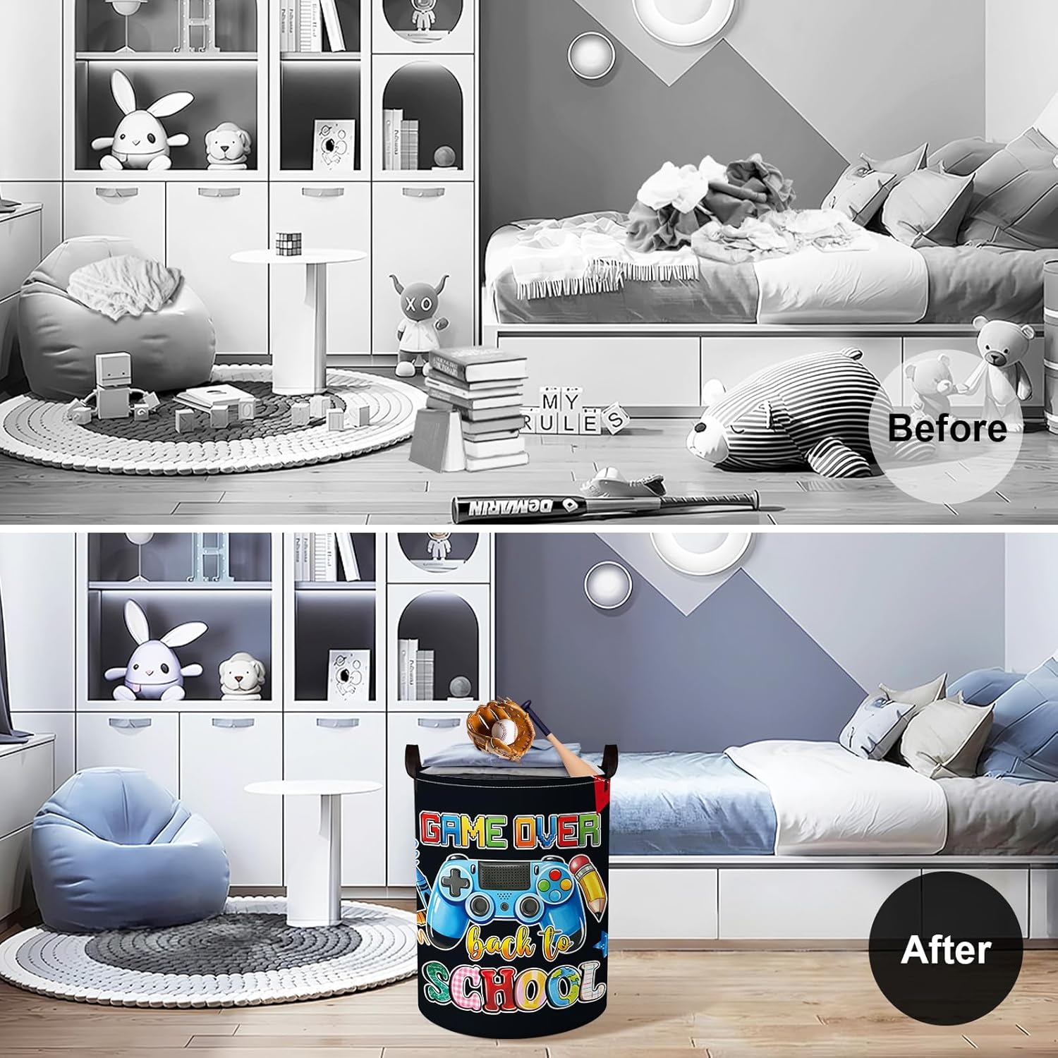 Detalle 2 de Clastyle Gamer Laundry Hamper Collapsible Clothes Basket for Kids – 36x45 cm, Black (Waterproof PE Coating)