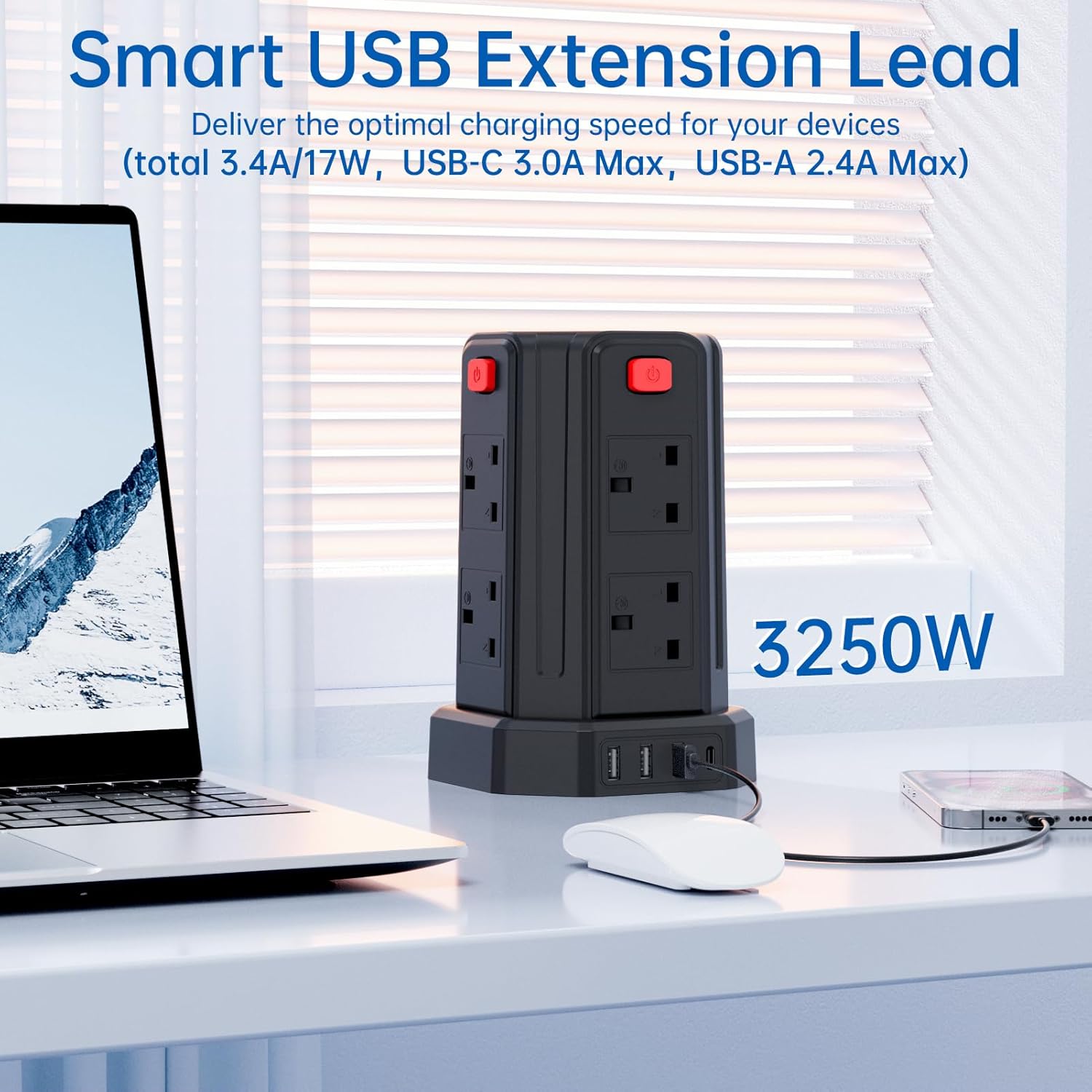 Thumbnail 2 de Tower Extension Lead 3M: 8 AC outlets, 4 USB ports with surge protection