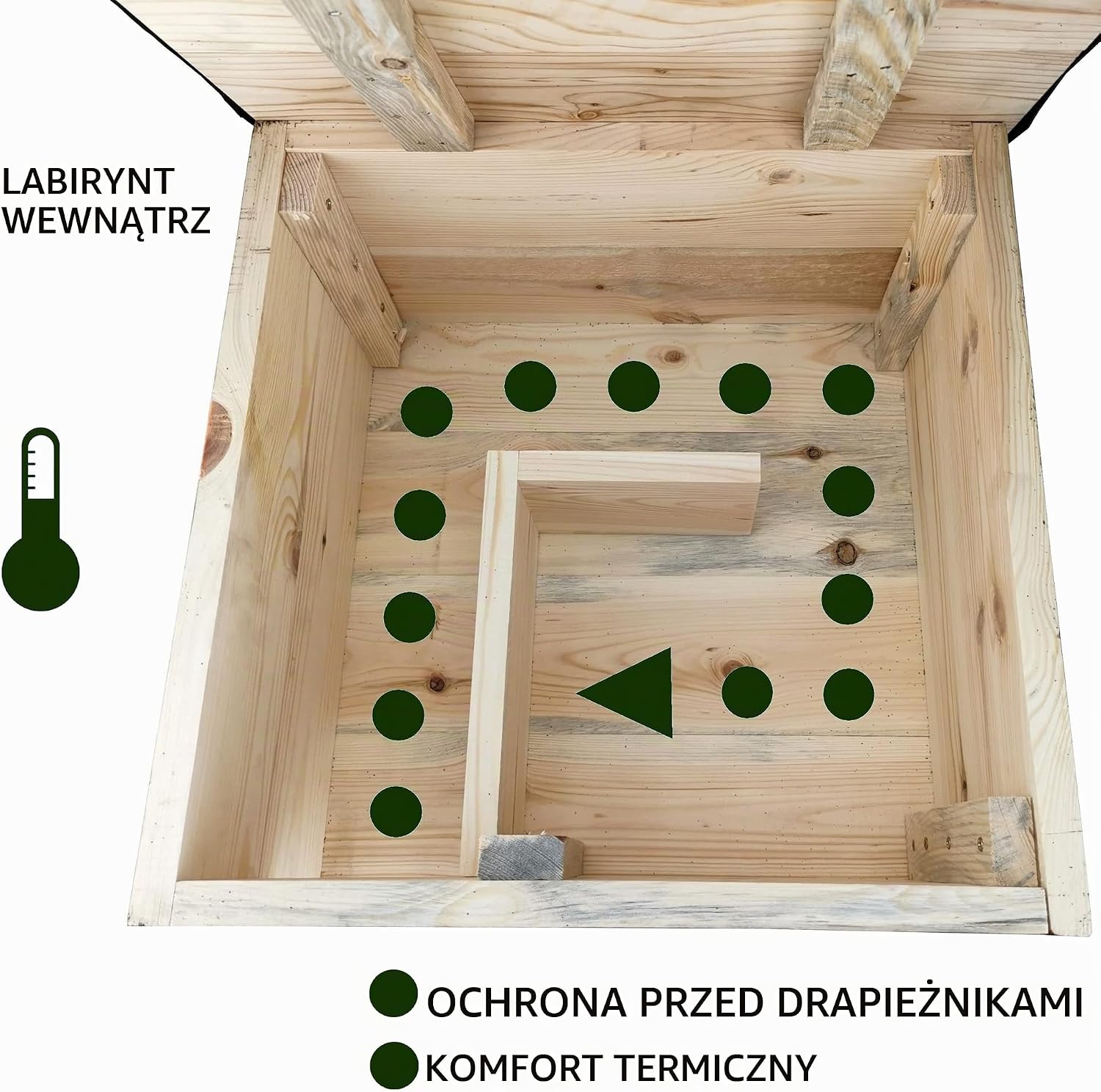 Detalle de IDEA HOME – domek dla jeży z litego drewna, z labiryntem i zdejmowanym dachem
