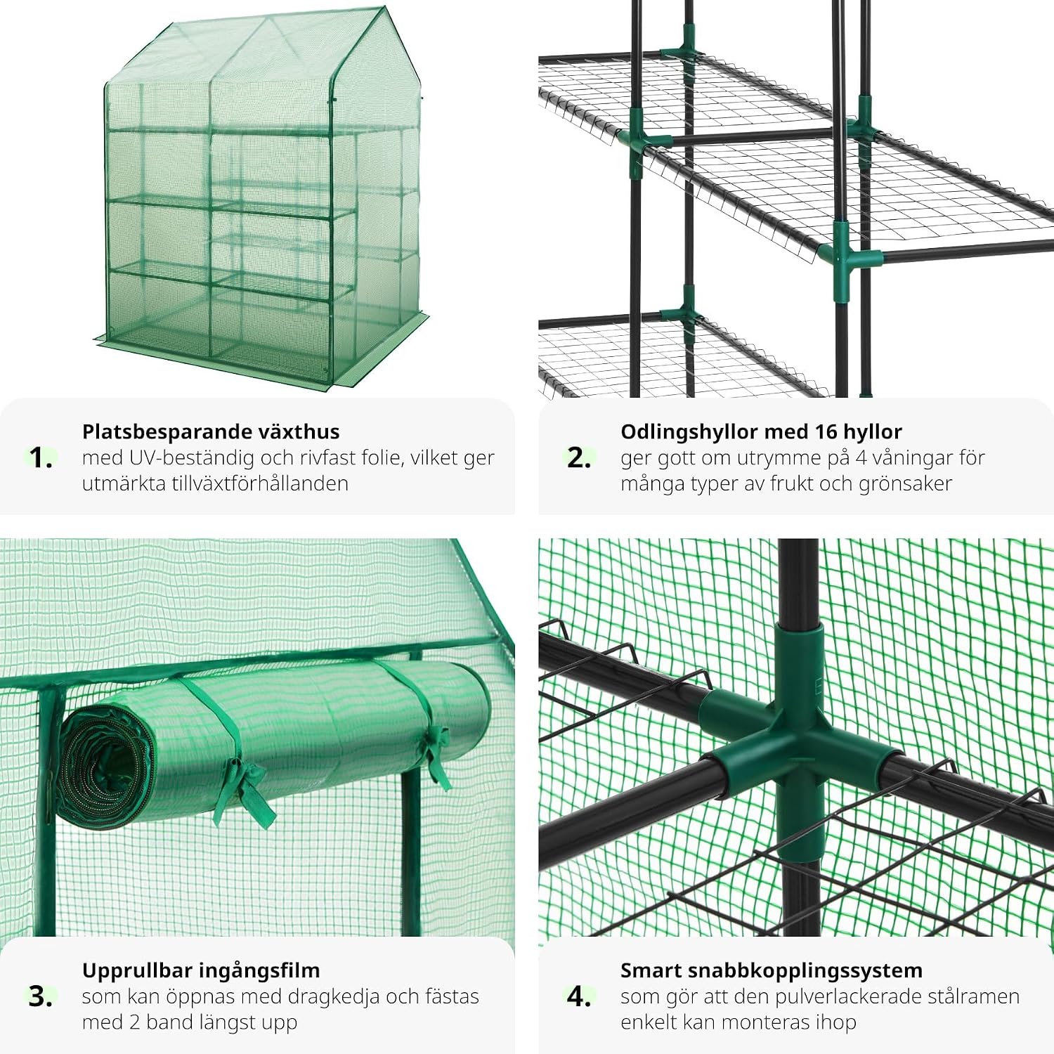 Detalle de tectake 401860-SE växthus med stålram, 16 hyllplan och UV-stabiliserad folie