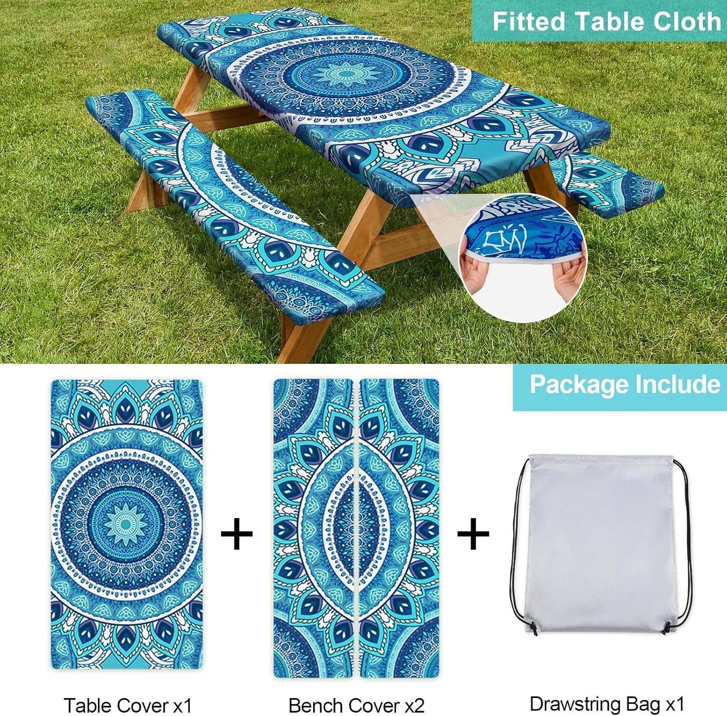 Detalle 2 de Picnic Table Cover with Bench Covers for 6FT Tables (72in) — Waterproof, Windproof Set with Drawstring Bag, Beige Linen Texture