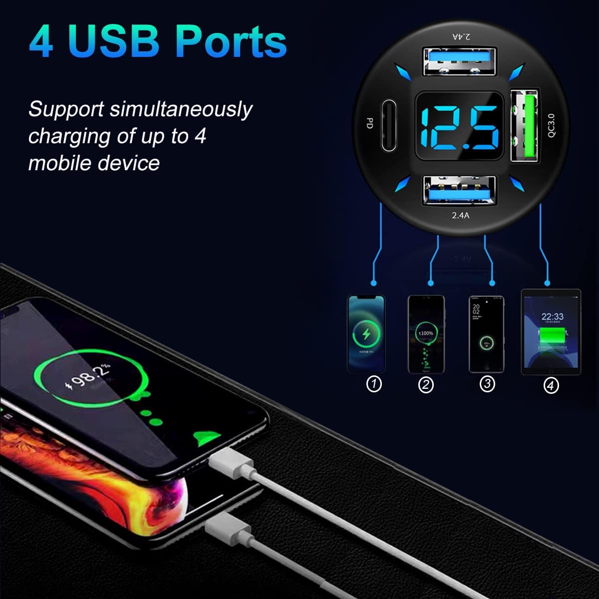 Thumbnail 1 de 4-Port USB C Auto Ladegerät 50W QC3.0 PD