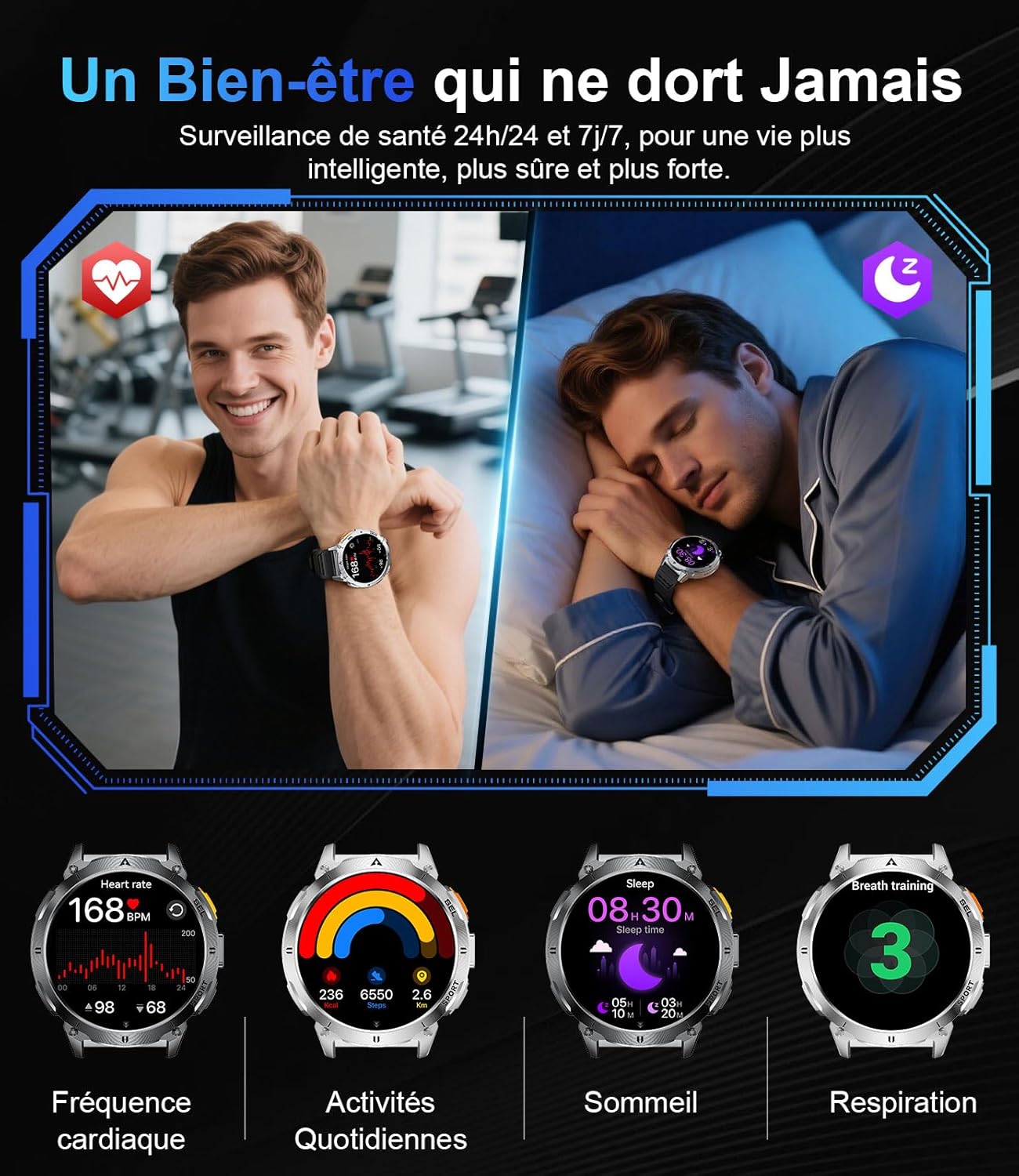 Thumbnail 4 de FITFLEX Montre Connectée Homme: 1,62" AMOLED, design militaire, 110+ sports, autonomie et robustesse