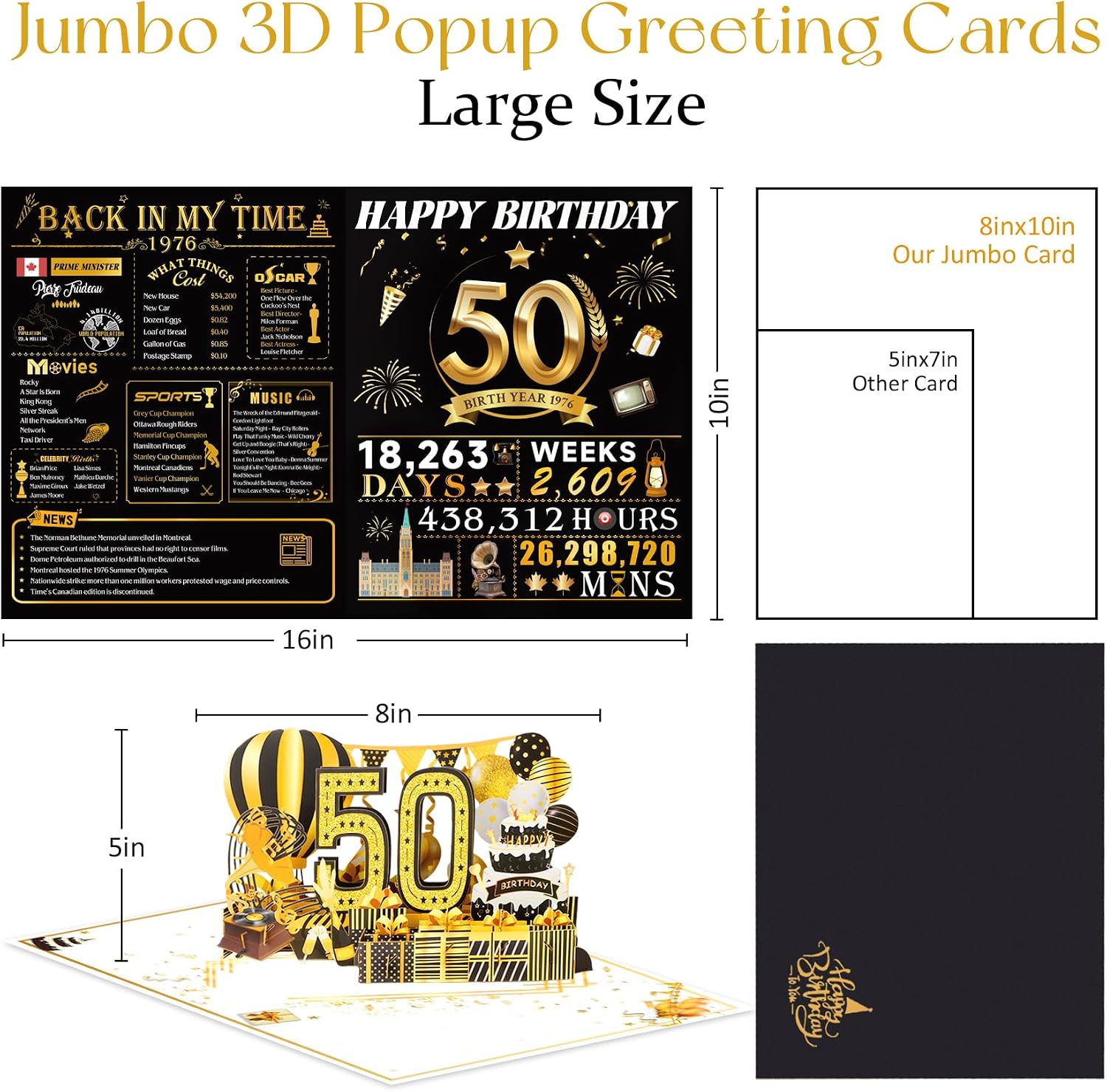Detalle de OLOSONG 50th Birthday Pop-Up Card, Black and Gold 3D Design