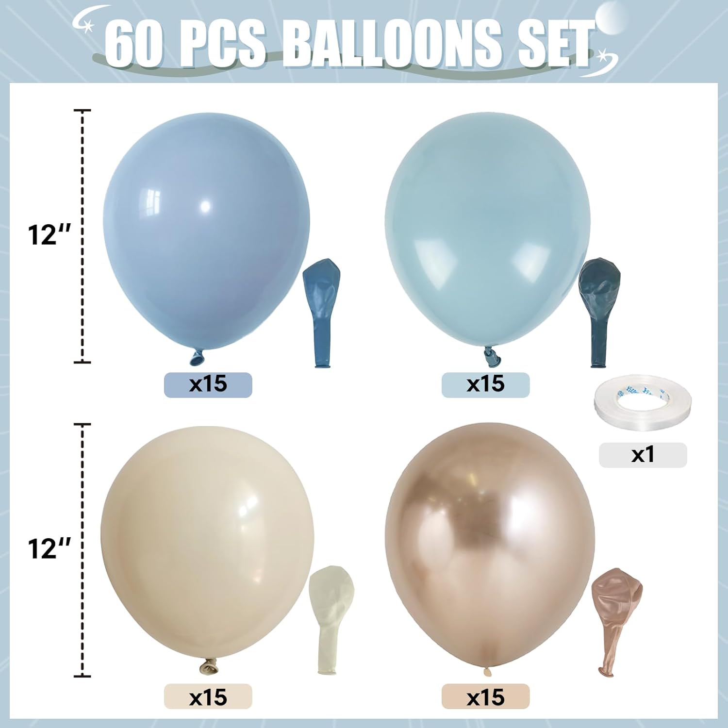 Detalle de HILAVO Dusty Blue & Gold Balloons — 60-Piece 12-Inch Set for Baby Showers, Weddings & More