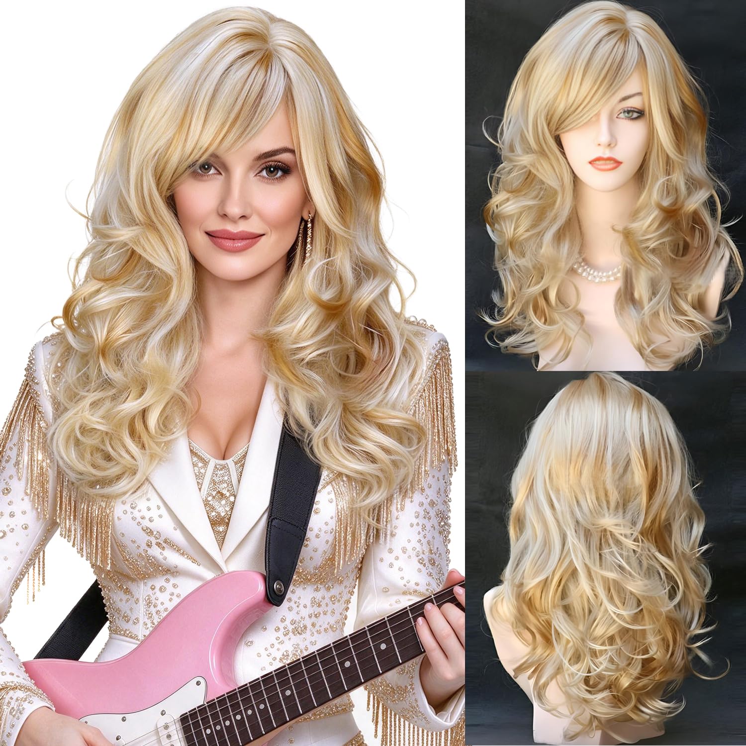 Detalle de RightOn WIG205-DV 22-Inch Brown Mix Blonde Wig with Long Curls and Bangs