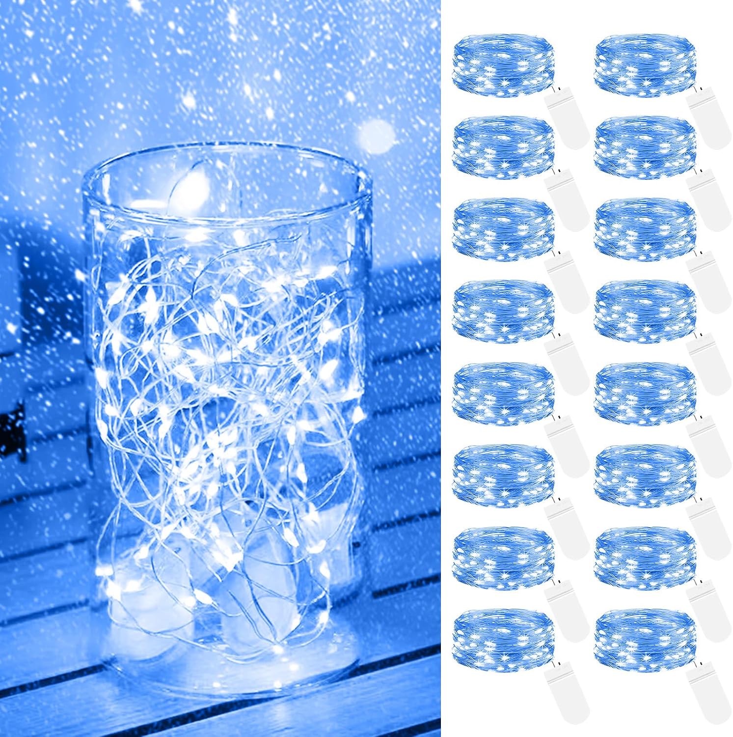 Detalle de btfarm 16er Set Mini-Lichterkette mit Batterie, 20 LED pro Kette, 2 m Silberdraht (blau)